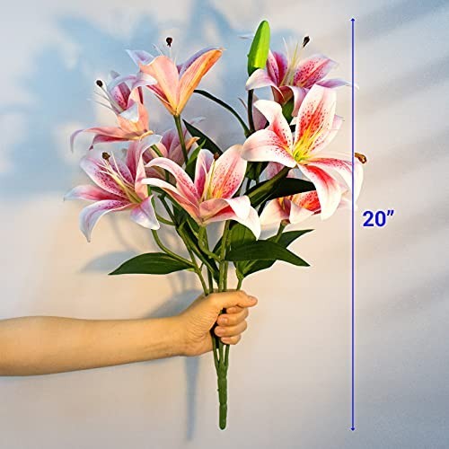 12 Artificial Lily Flowers – Full Bloom Stargazer & Tiger Lilies, Long Stem Faux