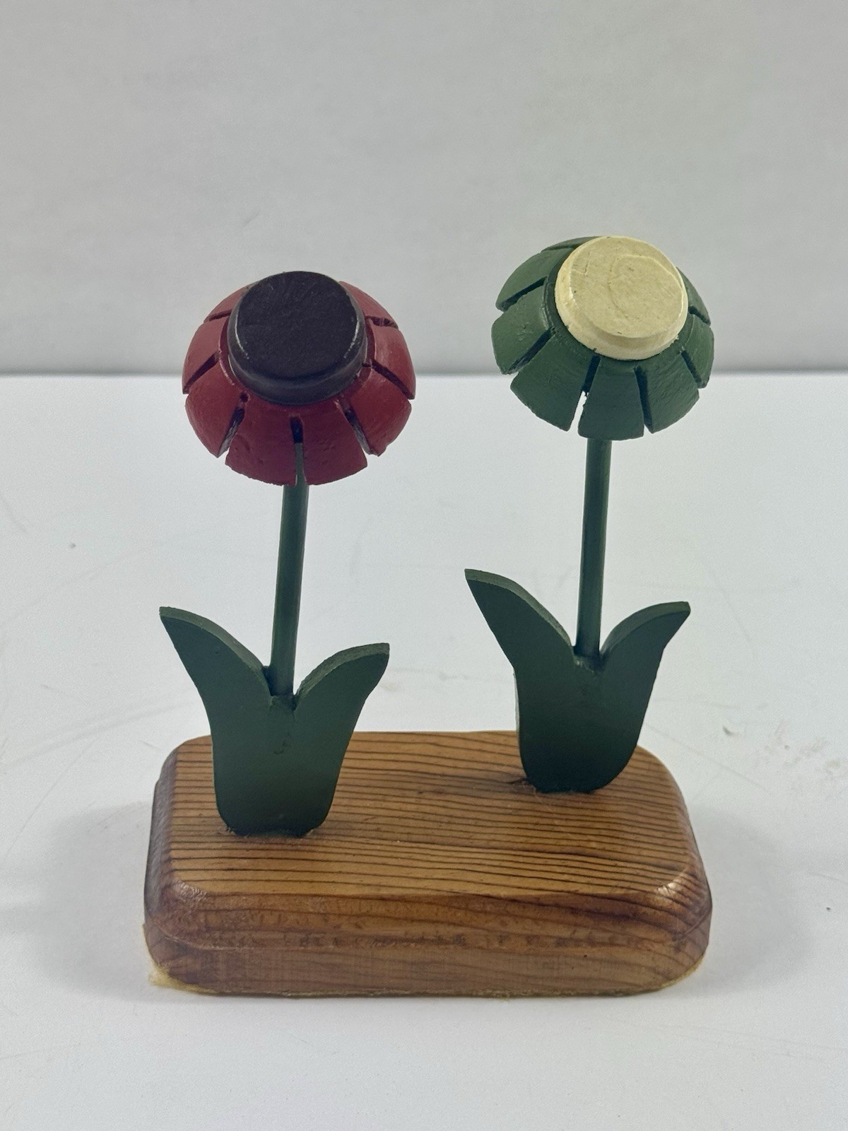Vintage Wooden Flower Figurines Set x 2 Hand Painted Folk Art Floral Shelf Decor