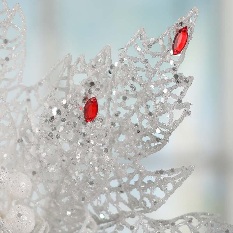 Set of 4 White Sparkling Mesh Poinsettia 14-3/4″ Picks with Red Rhinestones
