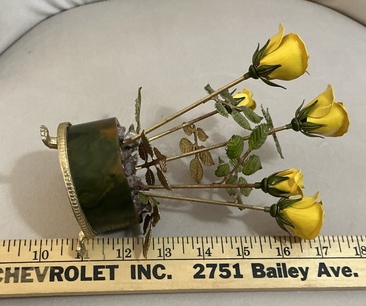 Enamel on Copper Yellow Potted Roses On Footed Base Vintage.