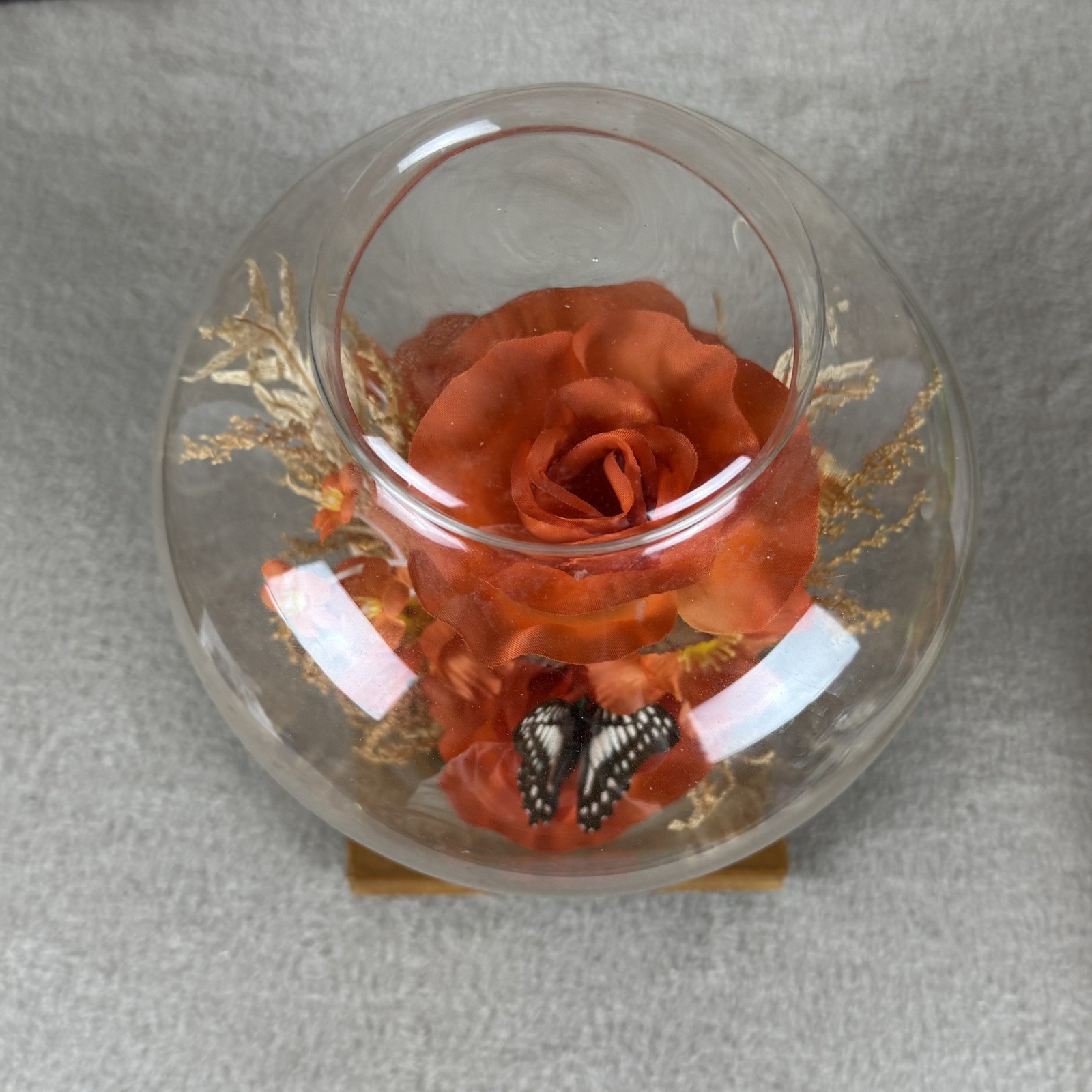 Vintage Butterfly w/Silk Flowers Under Glass Dome Cloche~Silk Flowers Wood Base