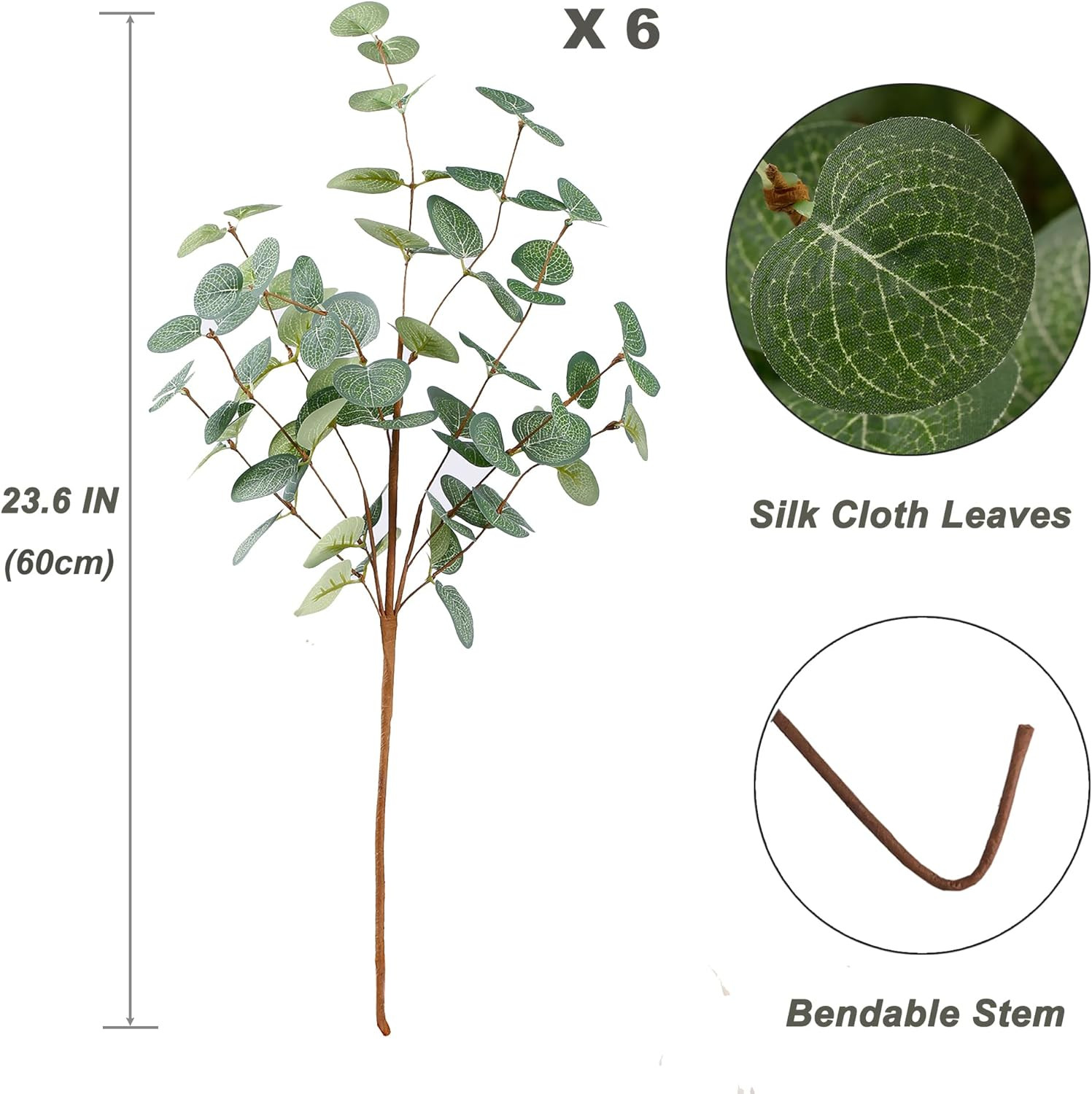 6 Bunches Artificial Eucalyptus Stems 24″ Faux Eucalyptus Leaves Branches Silk F