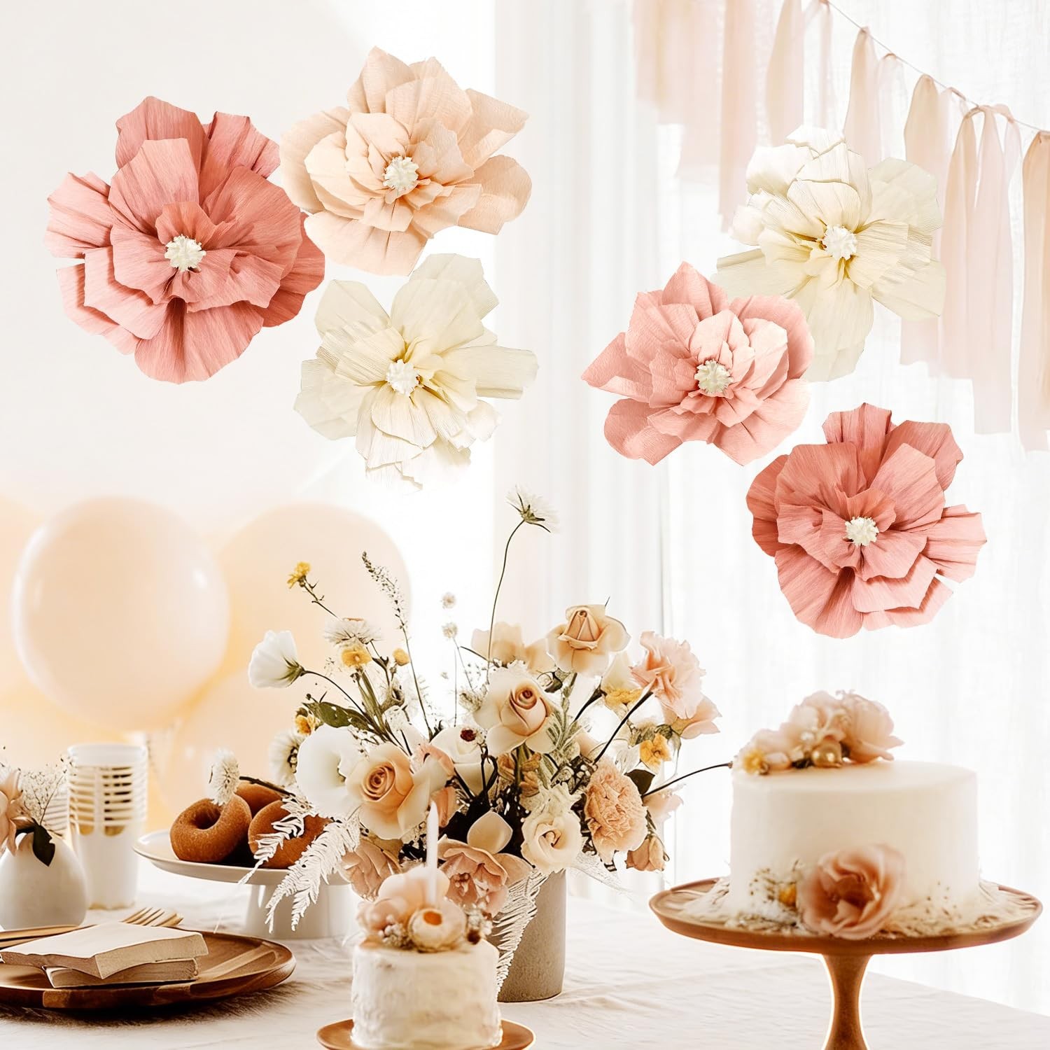 Beige Sweet Peach Paper Flowers Boho Party Decorations Artificial 3D Wall Déc…
