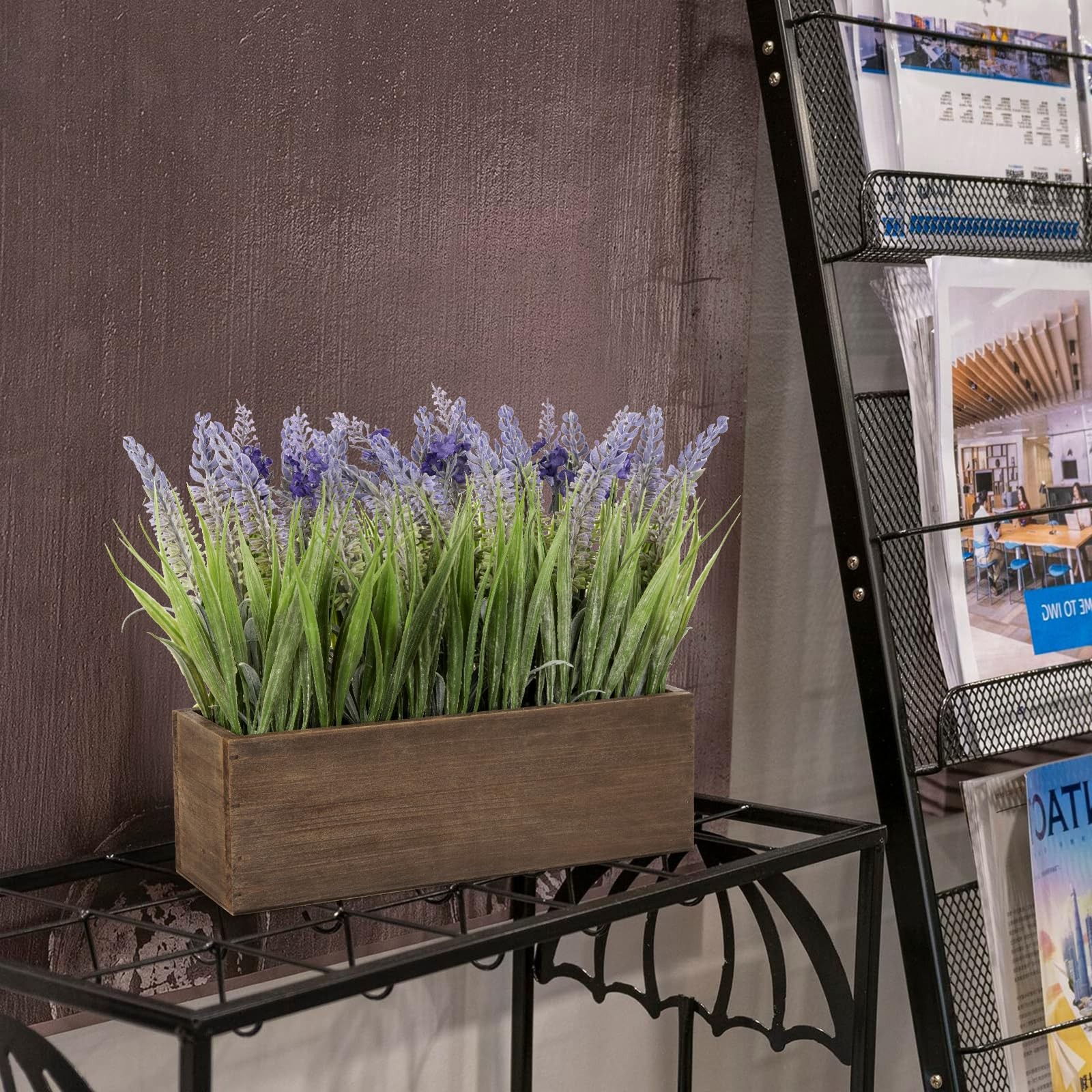 Artificial Lavender Flowers Arrangement 10.6″ in Wood Planter Box – Faux Plant