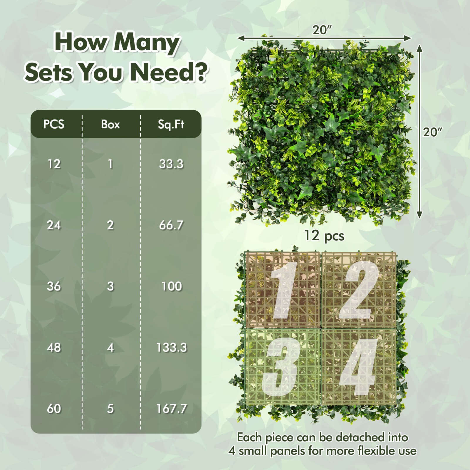 12 Pcs Faux Greenery Foliage Panels w/Insertable Branches 20″ x 20″ for Backyard