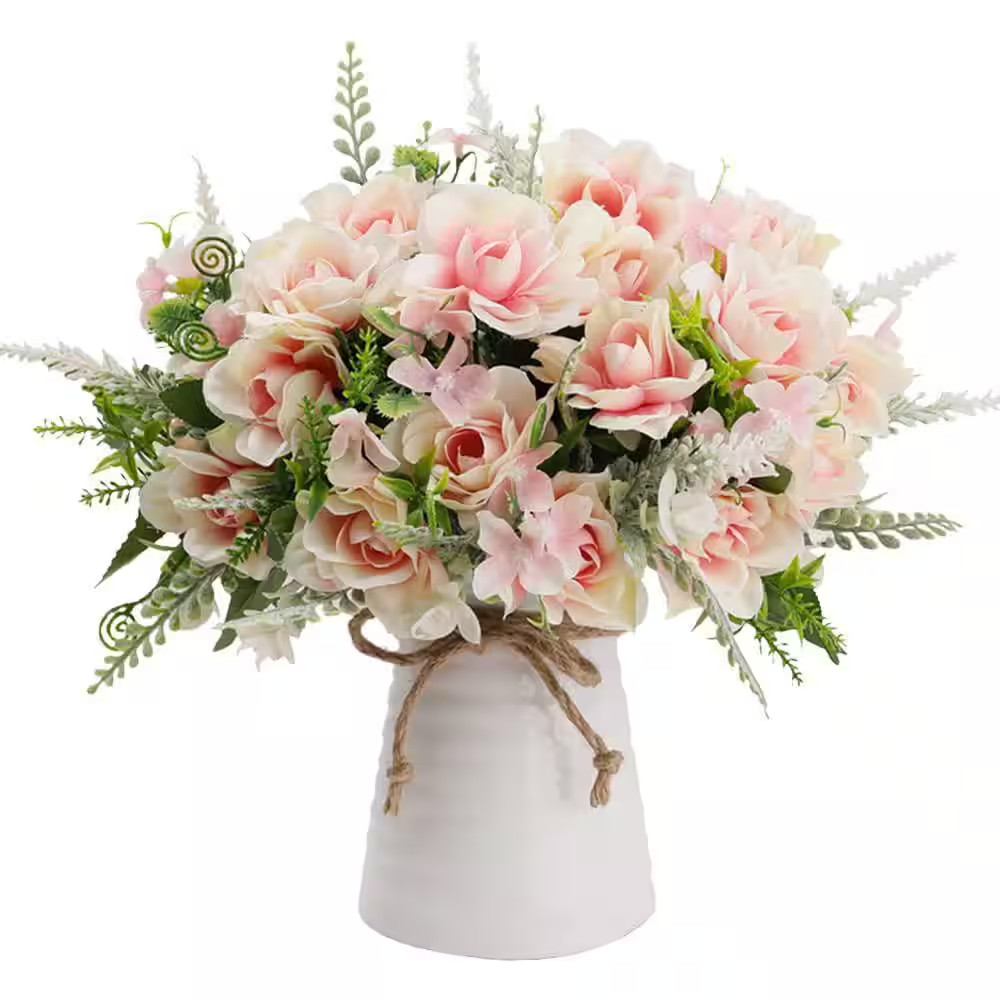11.4 In. H Pink Artificial Fake Flowers with Vase, Decor Fake Hydrangea Silk Peo