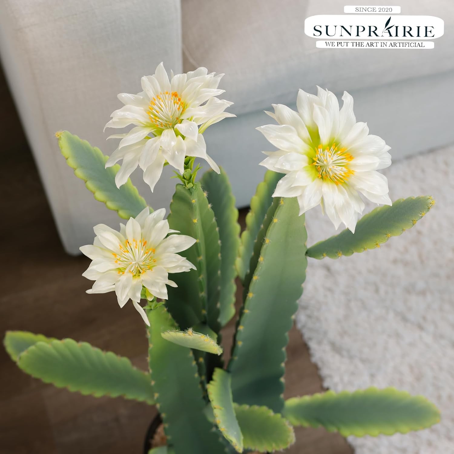 33 Inch Large Artificial Cactus with Lilly White Flowers in Pot with Natural Gra