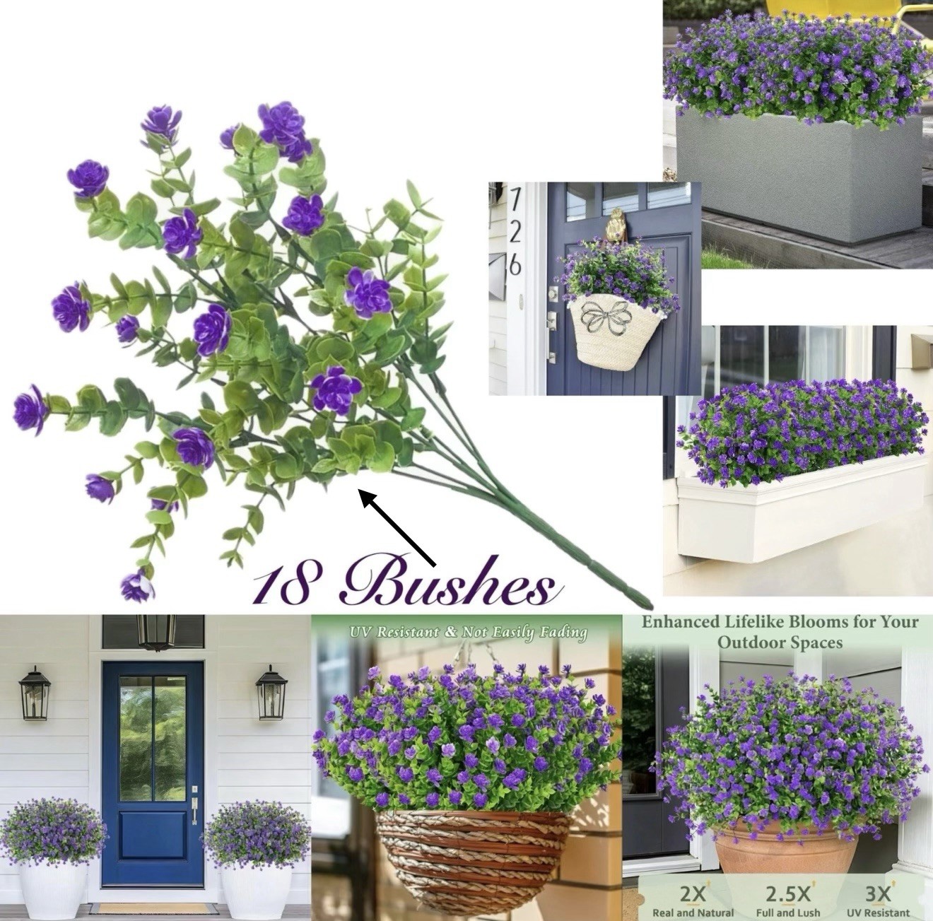 Lot of 18 Artificial Purple Mini Flower Bushes Greenery Stems Fake Plants Decor