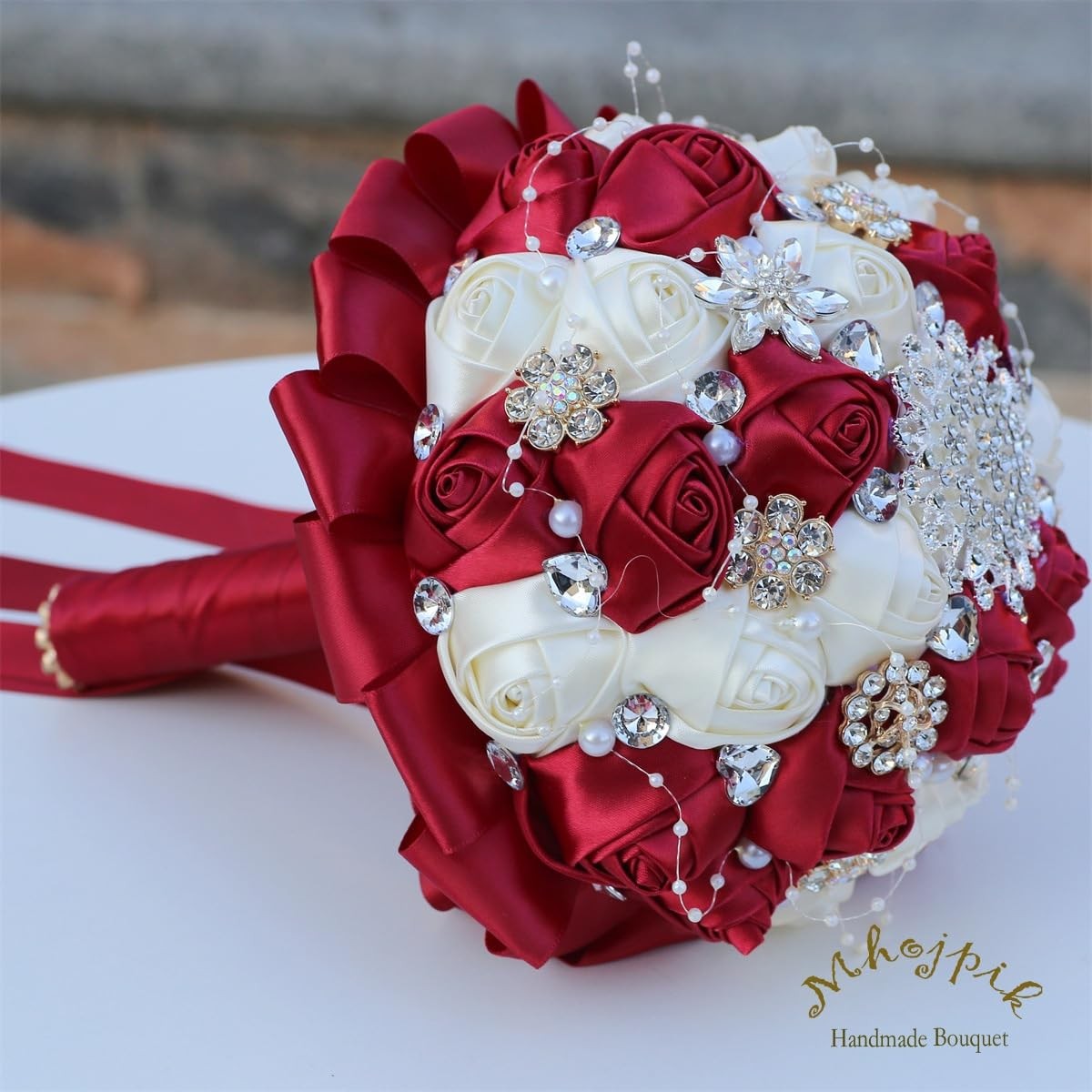 6.3 Inch Dark Red Ivory Bridal Wedding Bouquet Artificial Rose Toss Bunch