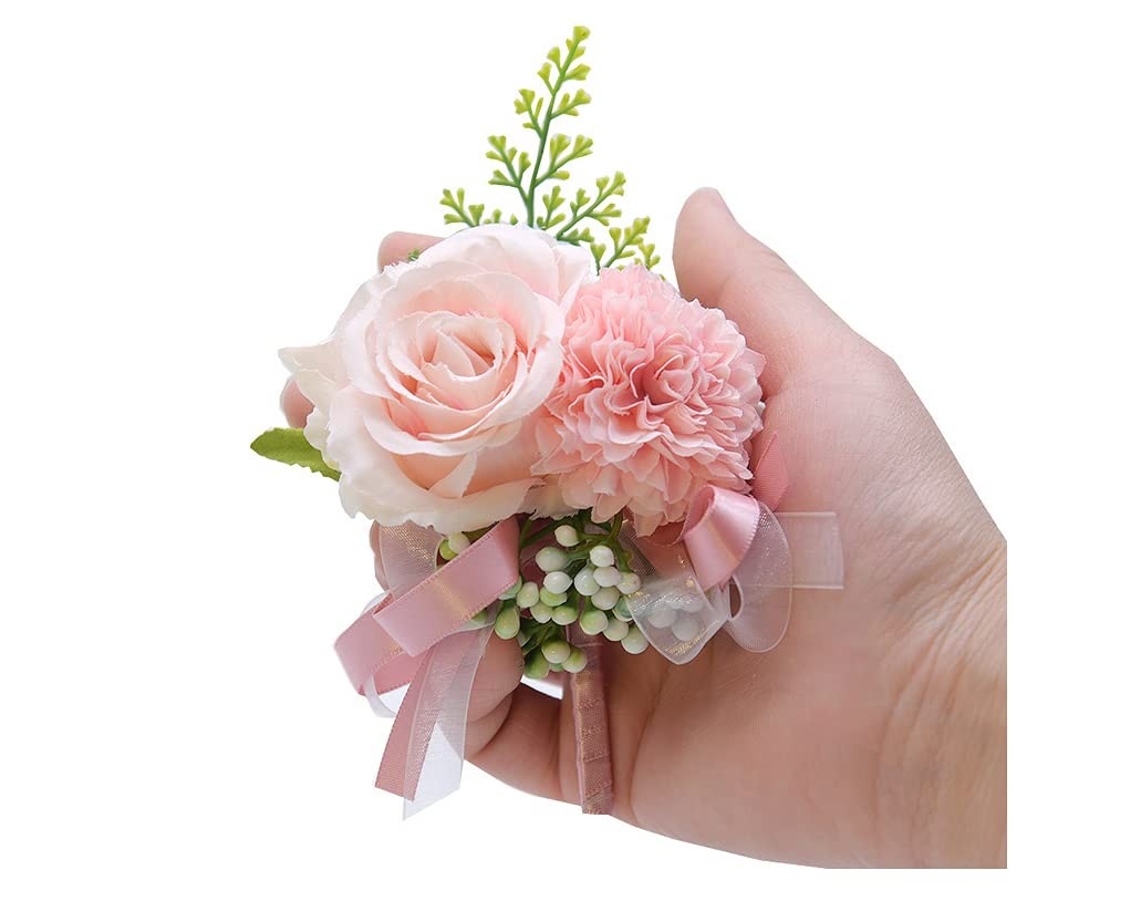 2 Pack Pink Flower Wrist Corsage Boutonniere Set,3″ Artificial Rose Carnation…