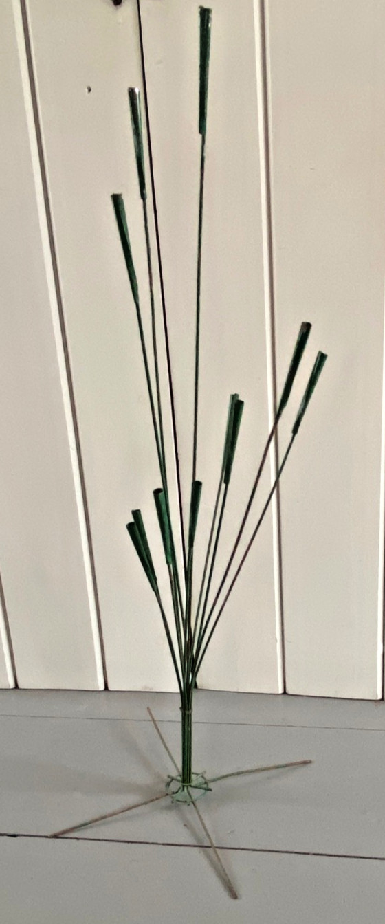 Vtg Rare Green Metal Cattails Grass Flower Frog MCM Kinetic Art Sculpture 37″H
