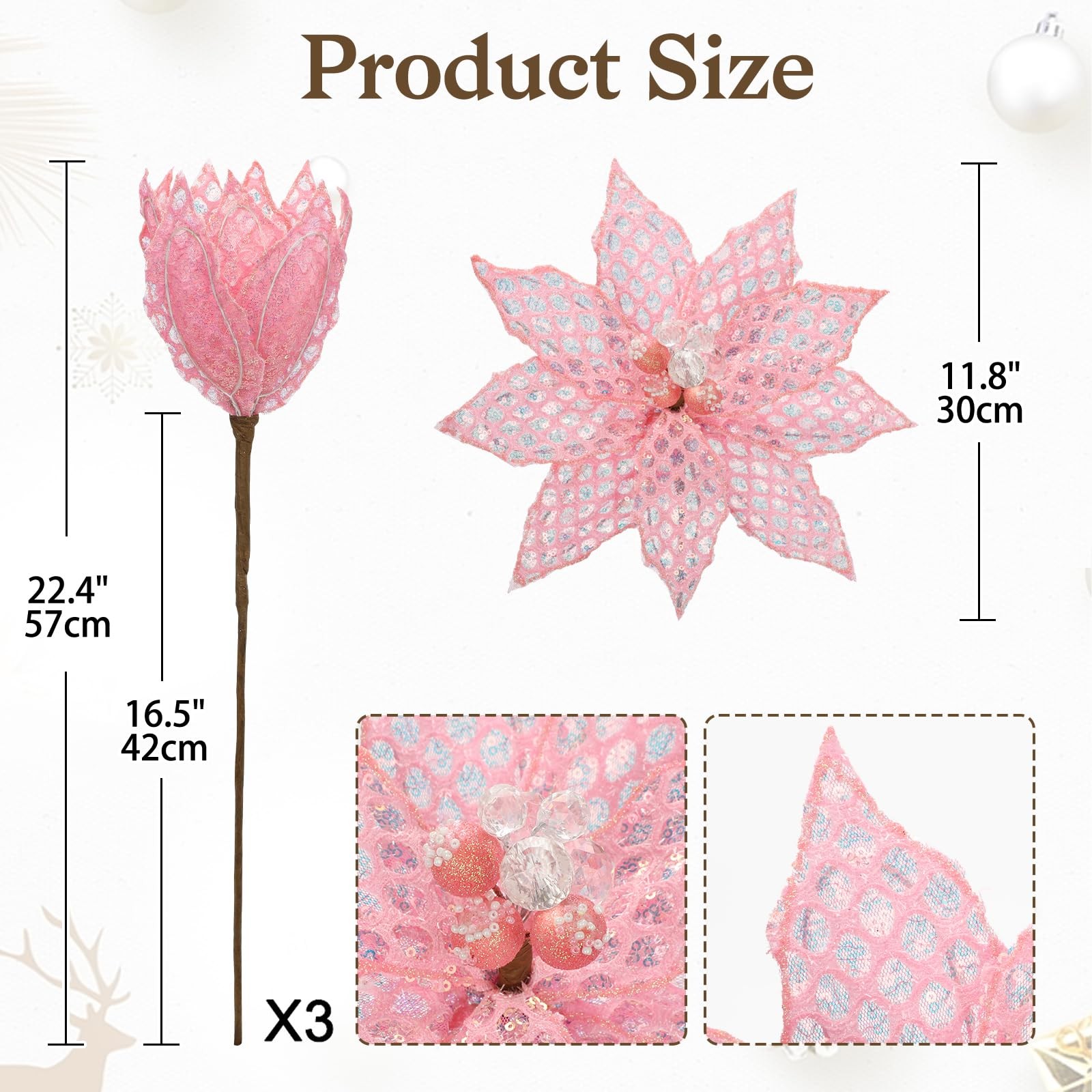 3PCS Poinsettias Artificial Christmas Flowers 22.4in Long Stem Pink Glitter M…