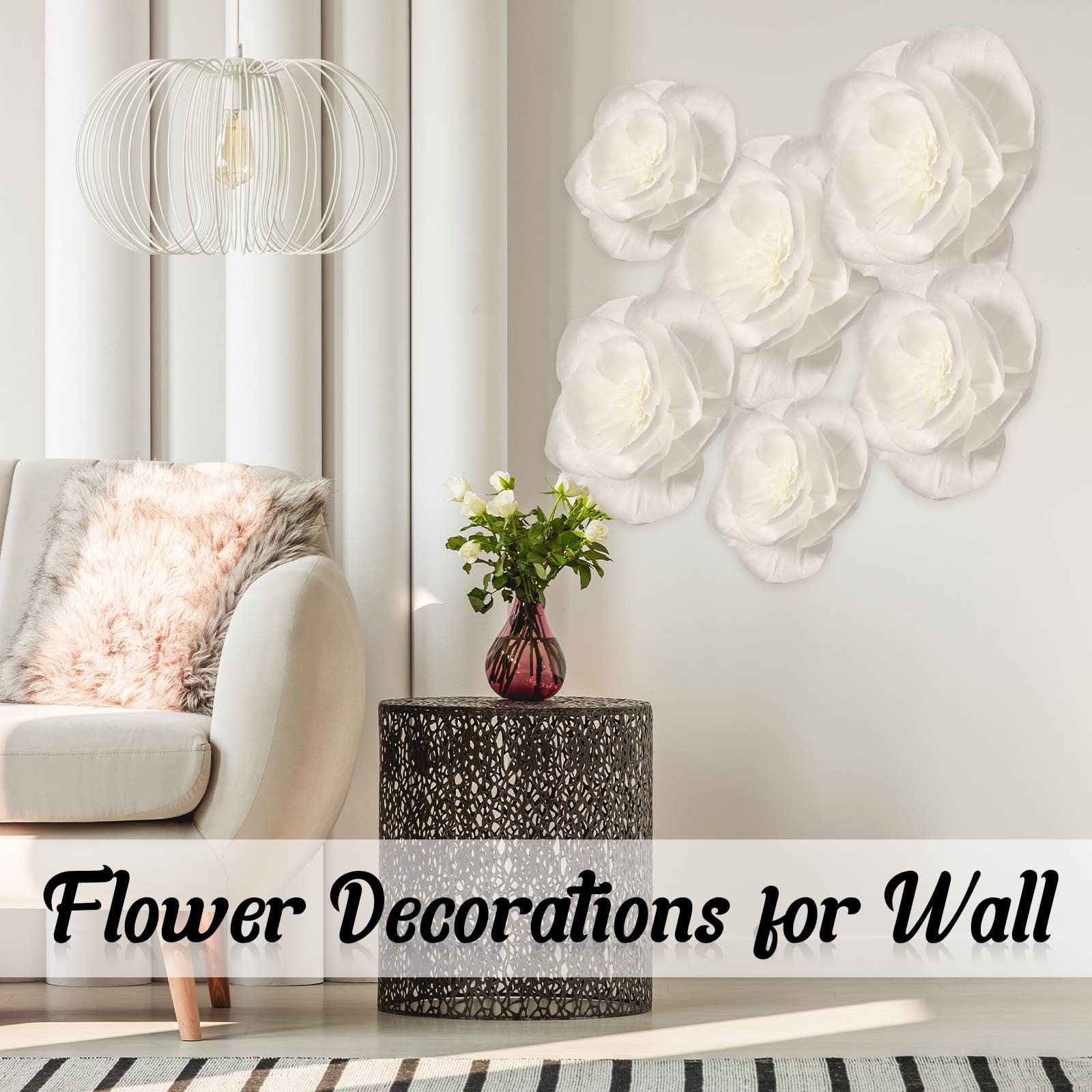 6 Pcs Extra Large Jumbo White Paper Flower Decorations for Wall with 10 Pcs G…