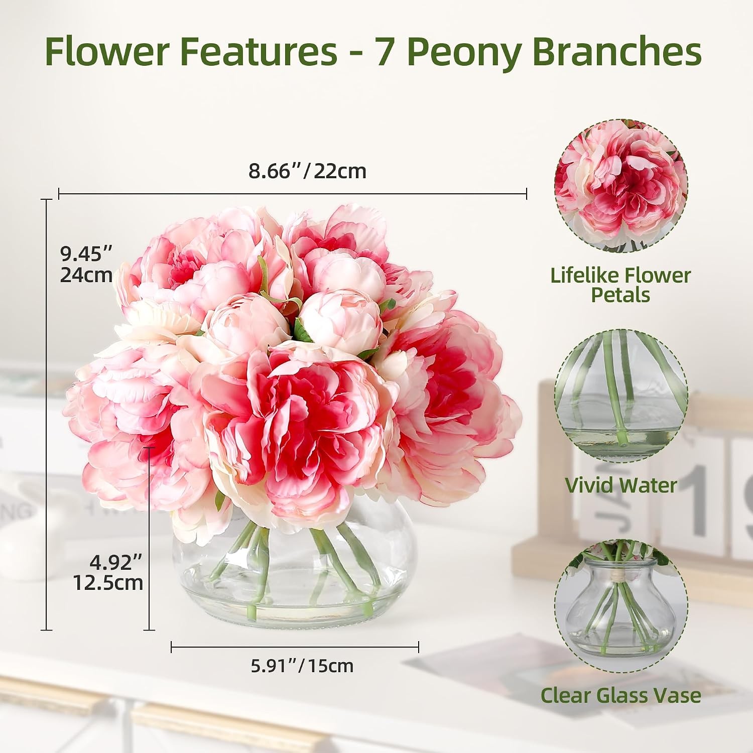 Peonies 7-Count Artificial Silk Bouquet Flower in Glass Vase with Faux Water
