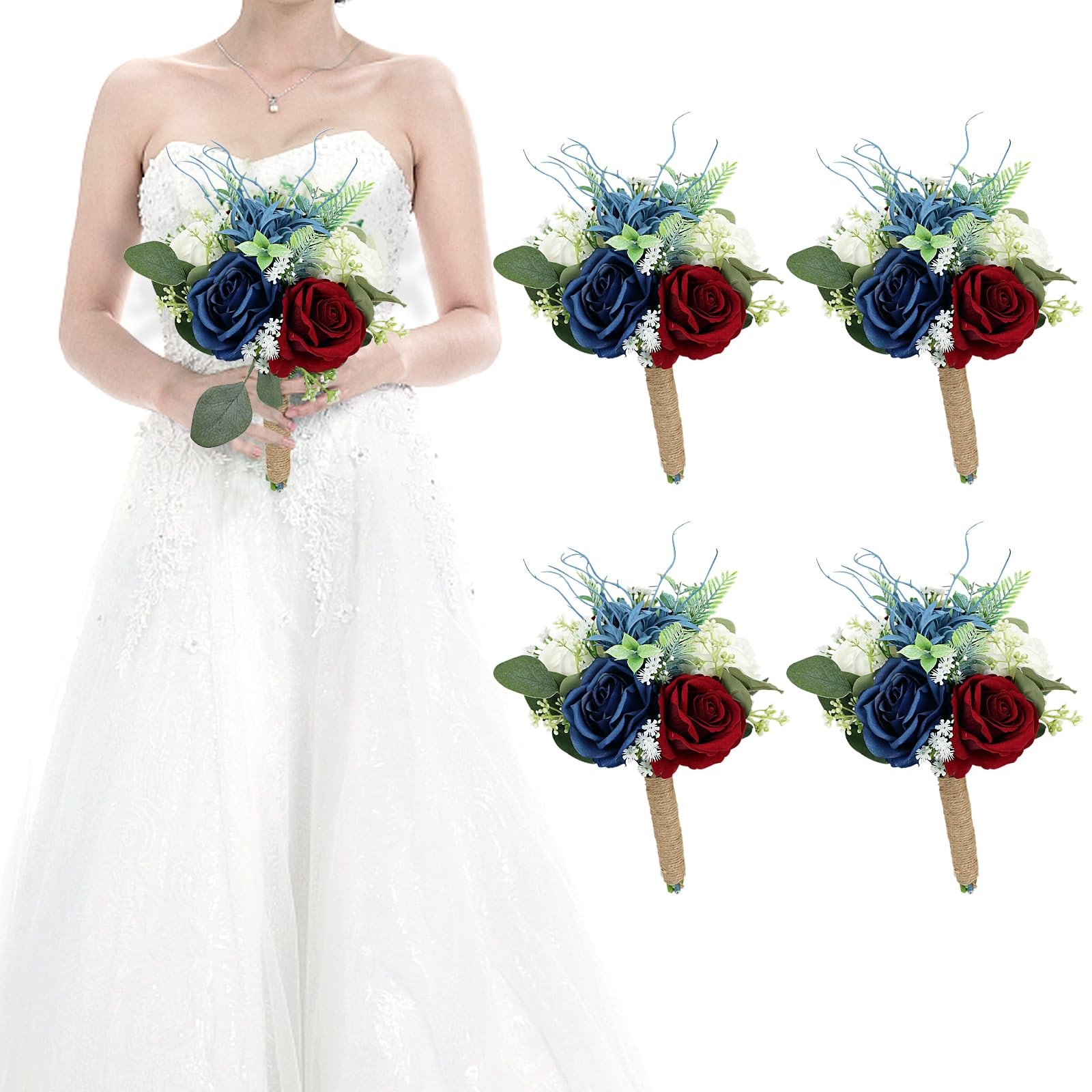 1 Pack Burgundy Navy Blue White Bridesmaid Bouquet 9 Inch Artificial Flower