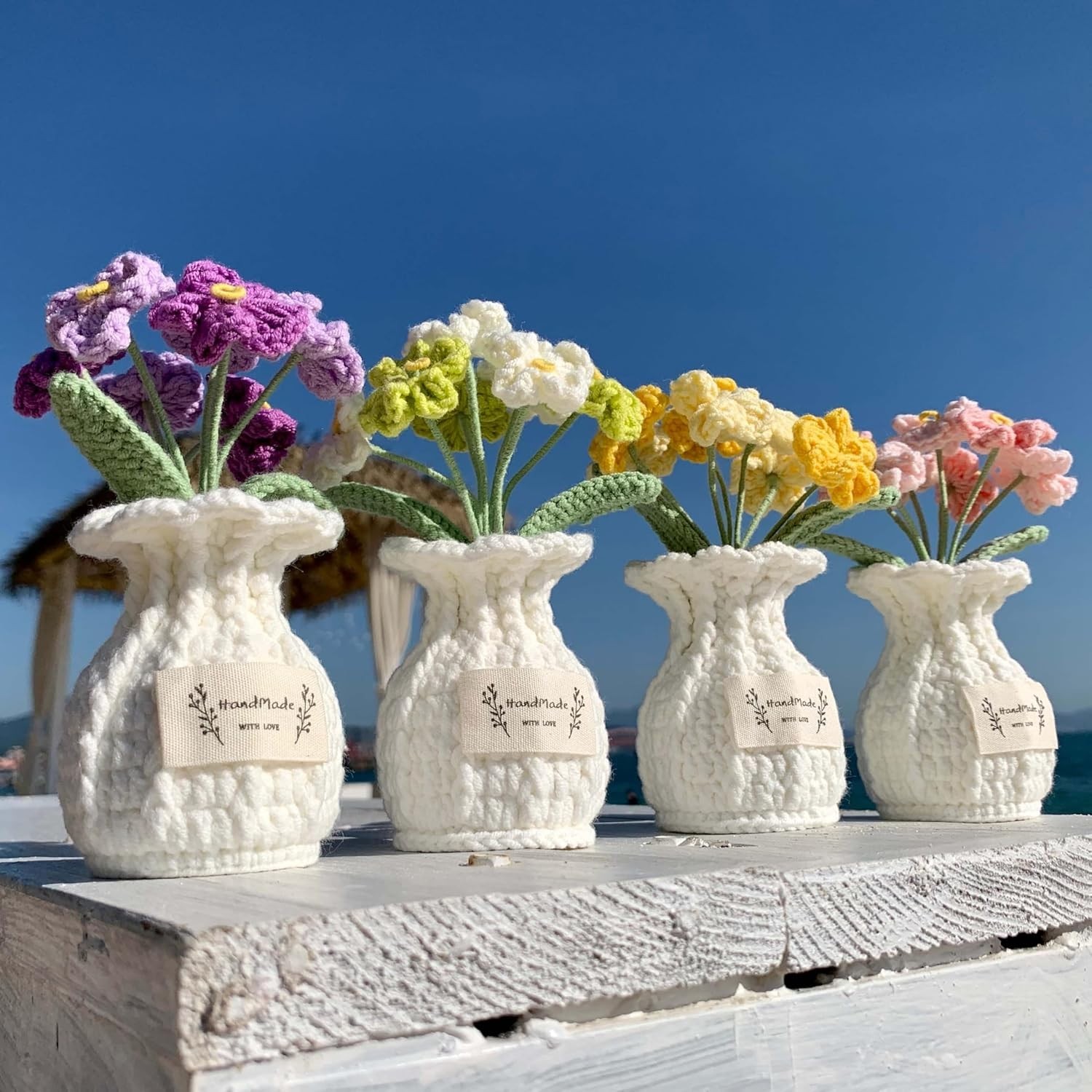 Elegant 7 Bloom Crochet Forget-Me-Not Potted Plant – Handcrafted Home Accent