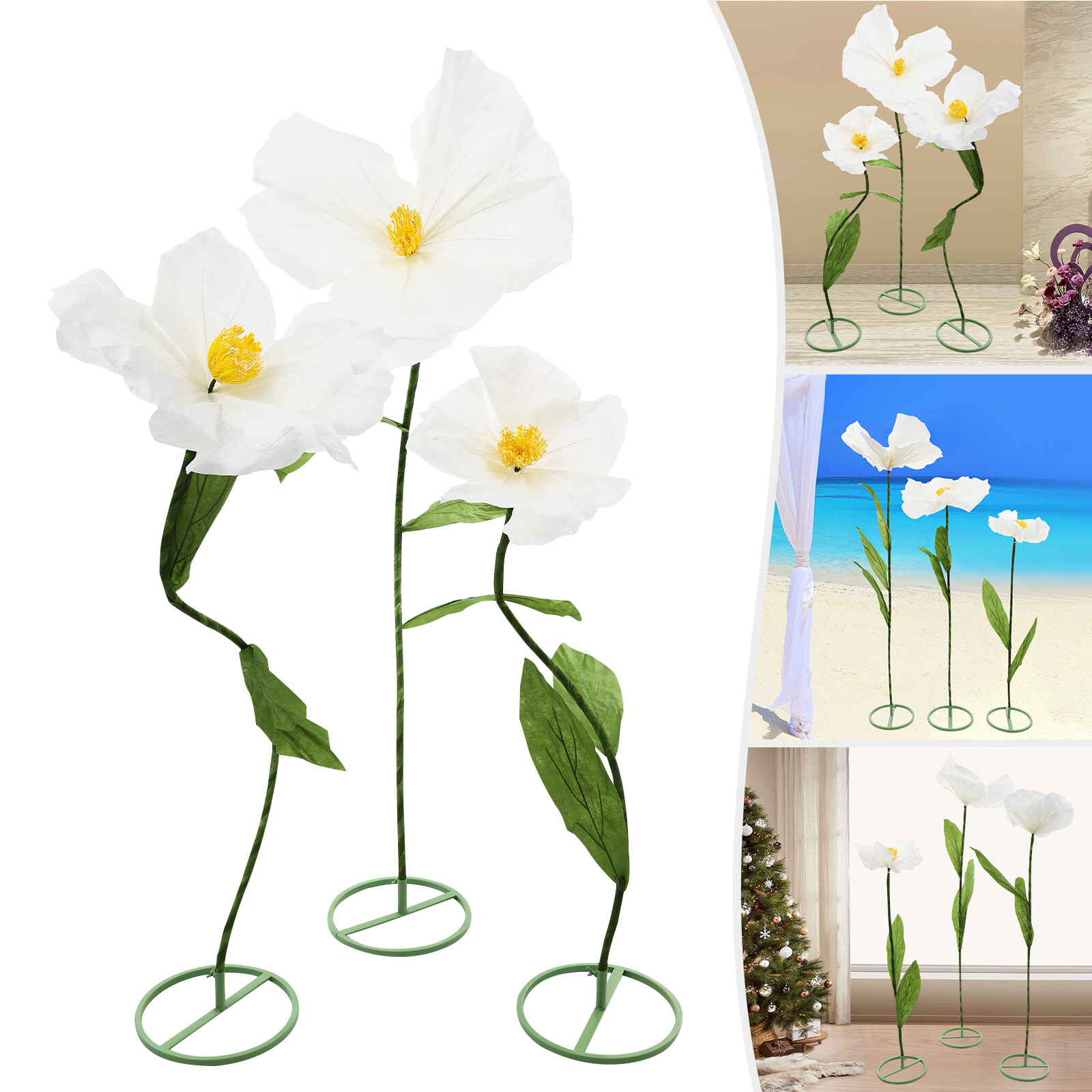 Set of 3 Artificial Flower Free Standing White Corn Poppy Decor Home Wedding