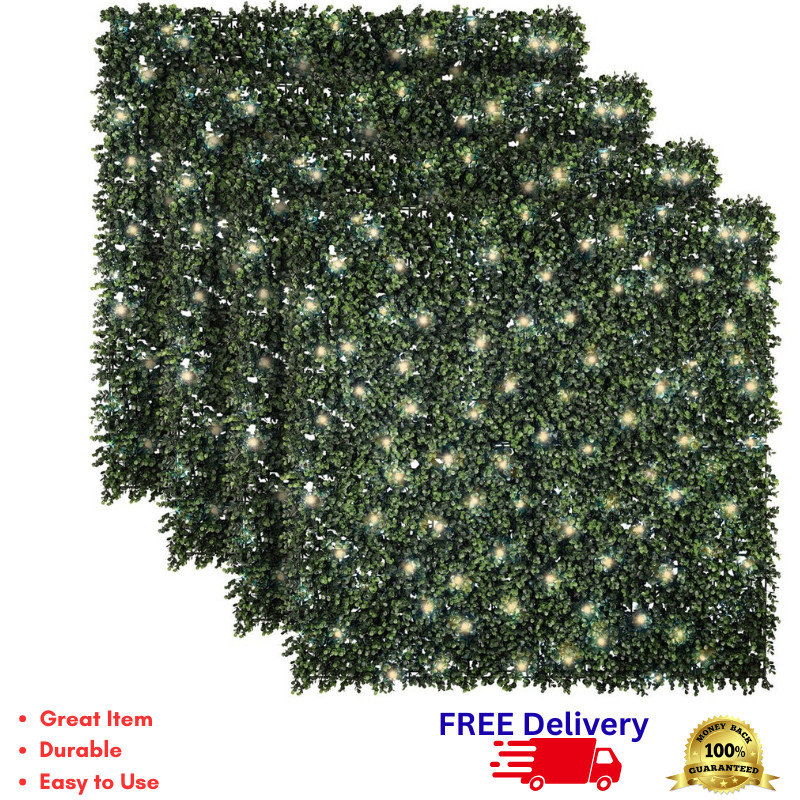 Artificial Hedge Panel with Lights 4-Pack Faux Greenery Wall Privacy Screen