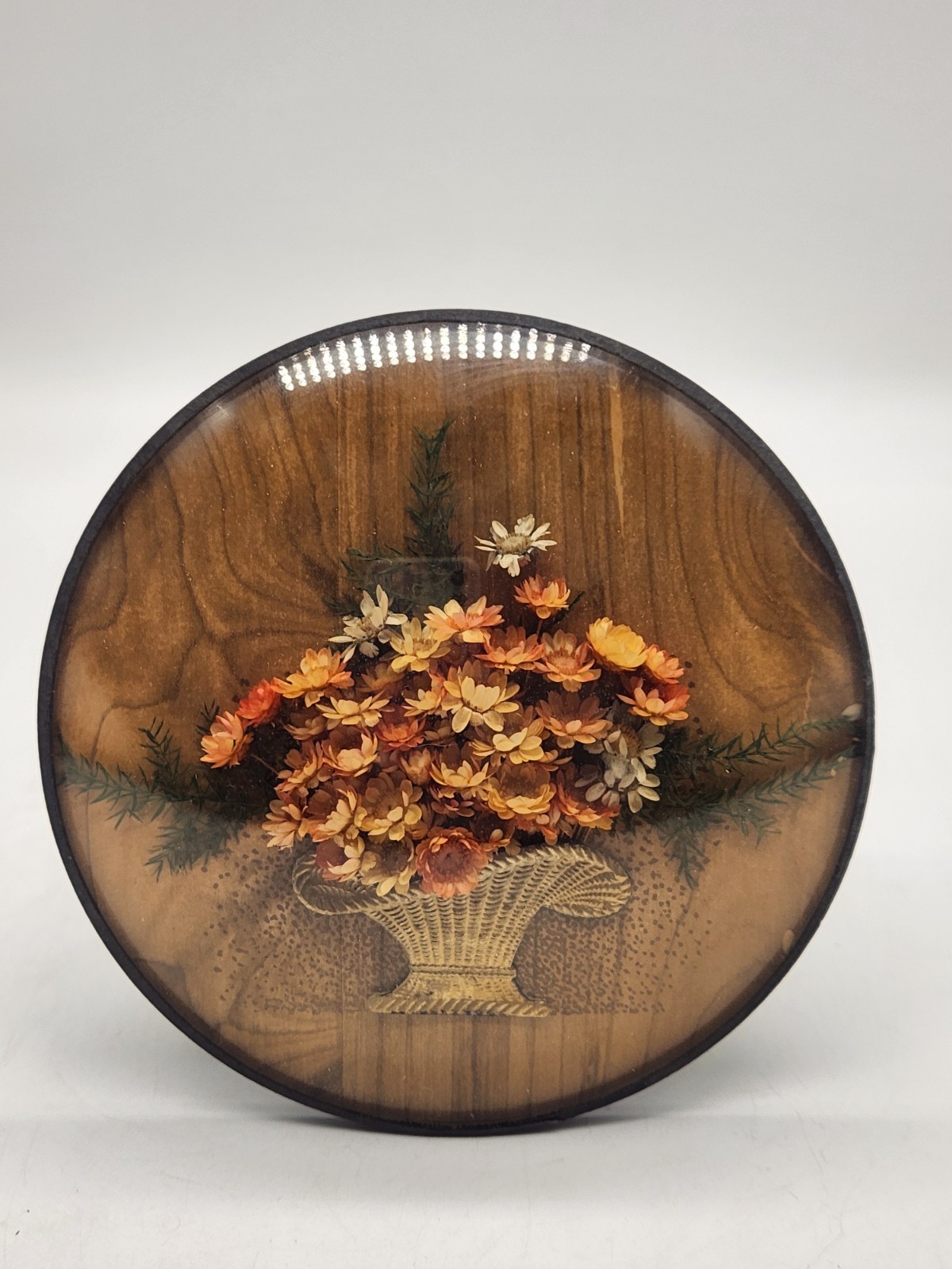 Vintage Dried Flower Basket Convex Bubble Glass Picture Frame Wall Art 4.5″