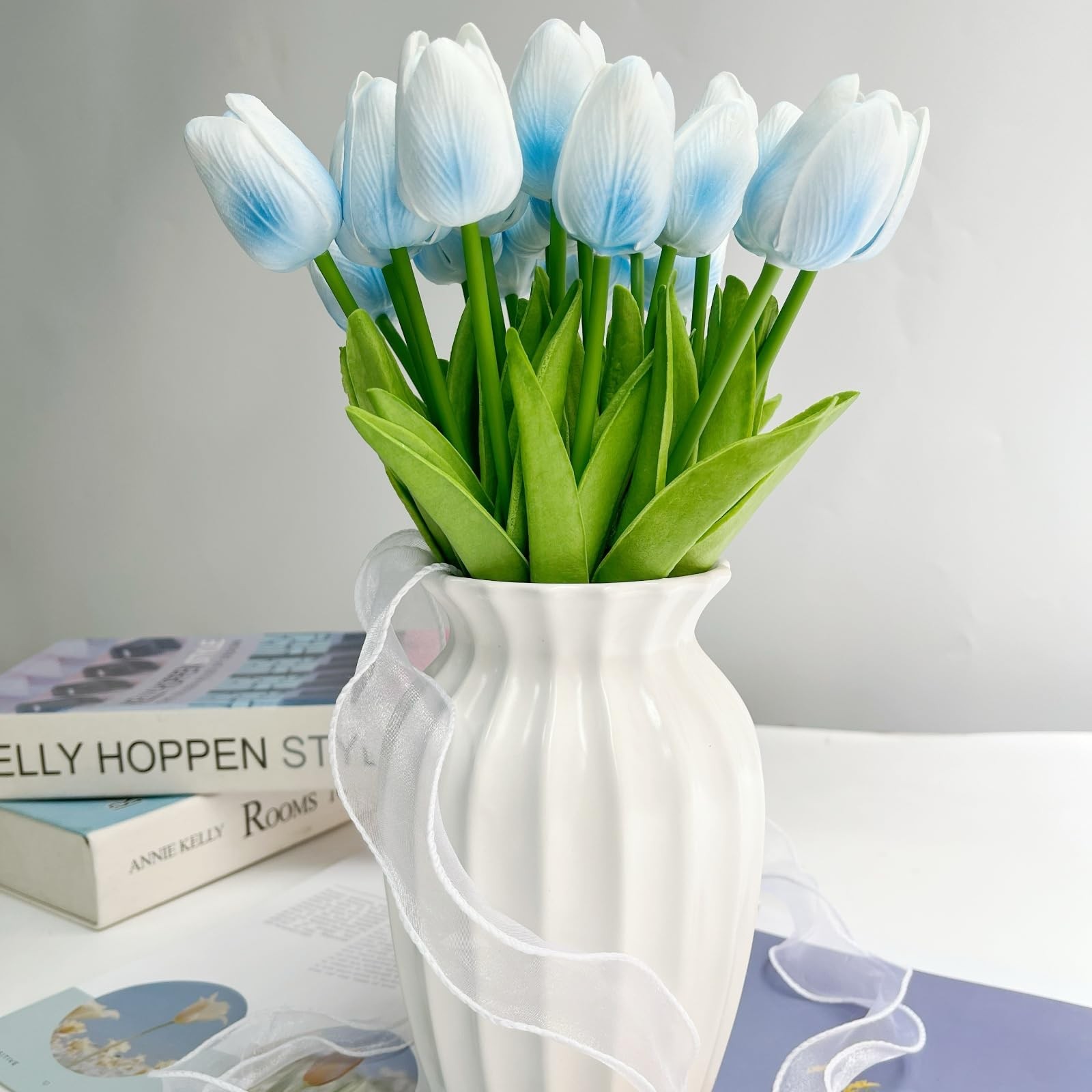 20 Pcs 13” Real Touch Light-Blue Tulips Artificial Flowers, Latex PU Fake Fau…