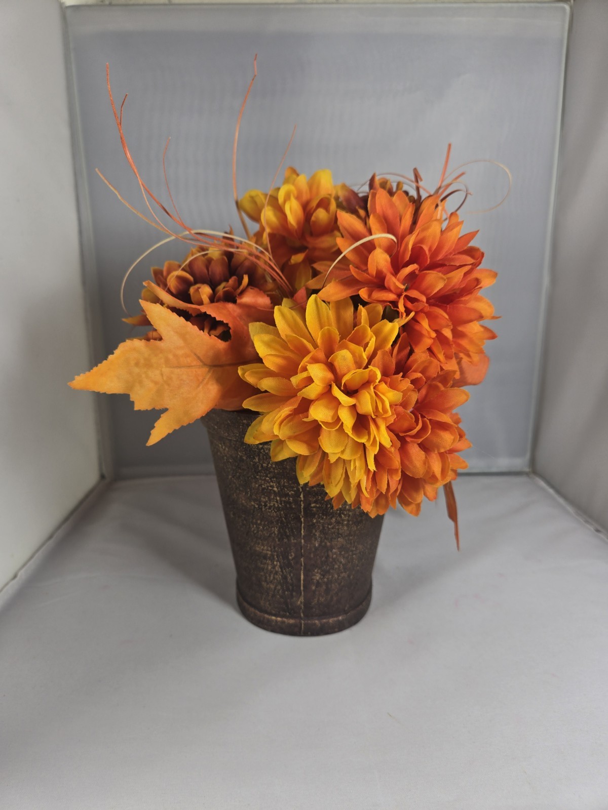 Fall Floral Decor Bouquet & Vase, Autumn Arrangement w/ Leaves Centerpiece
