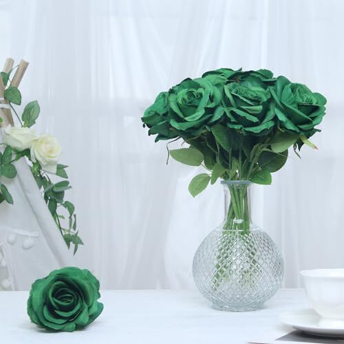 12 Pack Artificial Roses Emerald Flowers with Stems Silk Rose Bouquet Green