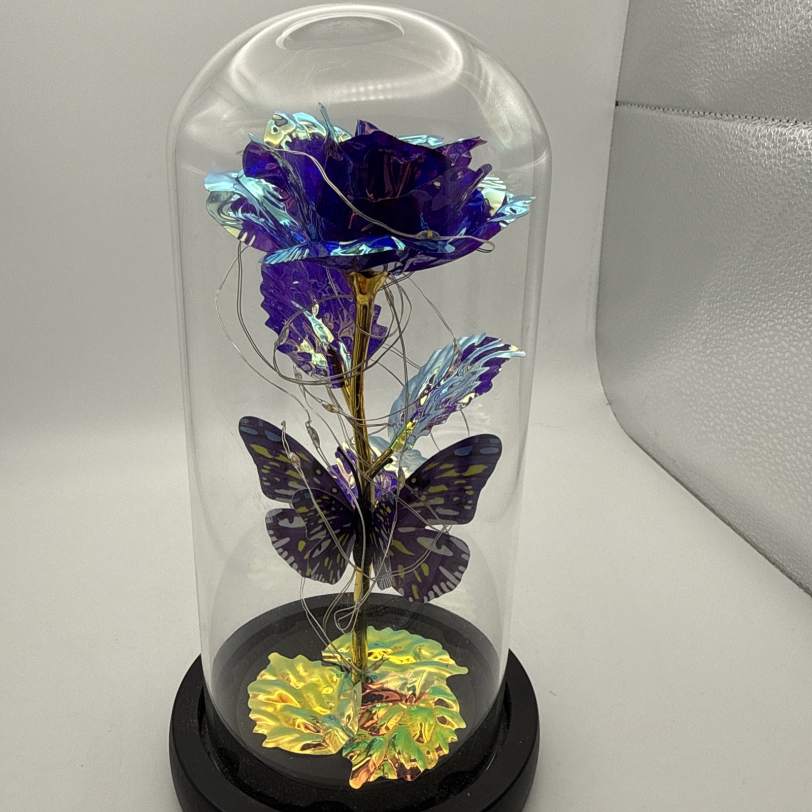 Purple Rose Flower & Butterfly in Glass Dome Cloche LED Lighted Floral Display