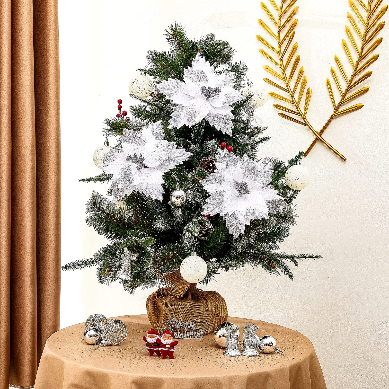 10 Pcs 8.3 inch Large White Silver Christmas Poinsettia Picks PR3000