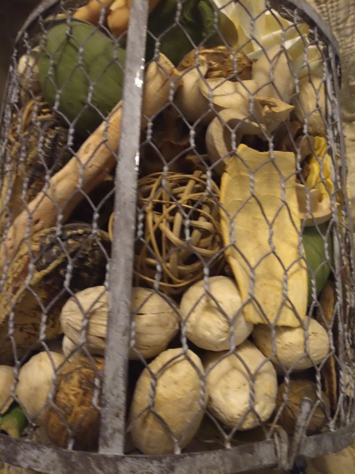 Bird Cage Filled With Gourds, Nuts, Pinecones, Dried Fruit, Twin Balls, Flowers