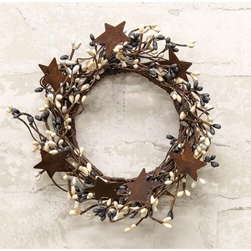 NEW PRIMITIVE Berry Wreath Candle Rings 2pc Rust Stars 4″ Gray Cream White Pips