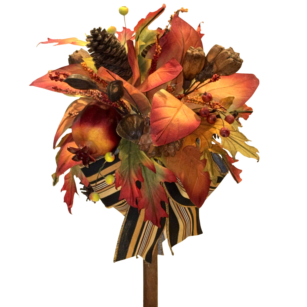 Fall Topiary Tree 20″ Orange Brown Faux Floral Decor Autumn Leaves Fruit Ribbons