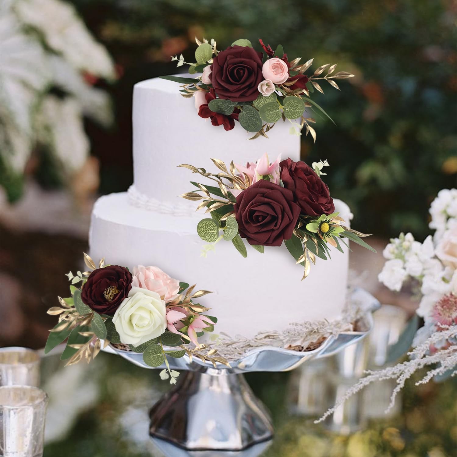 Premade Burgundy Flowers Cake Toppers Wedding Birthday Baby Shower Decor 3 PCS