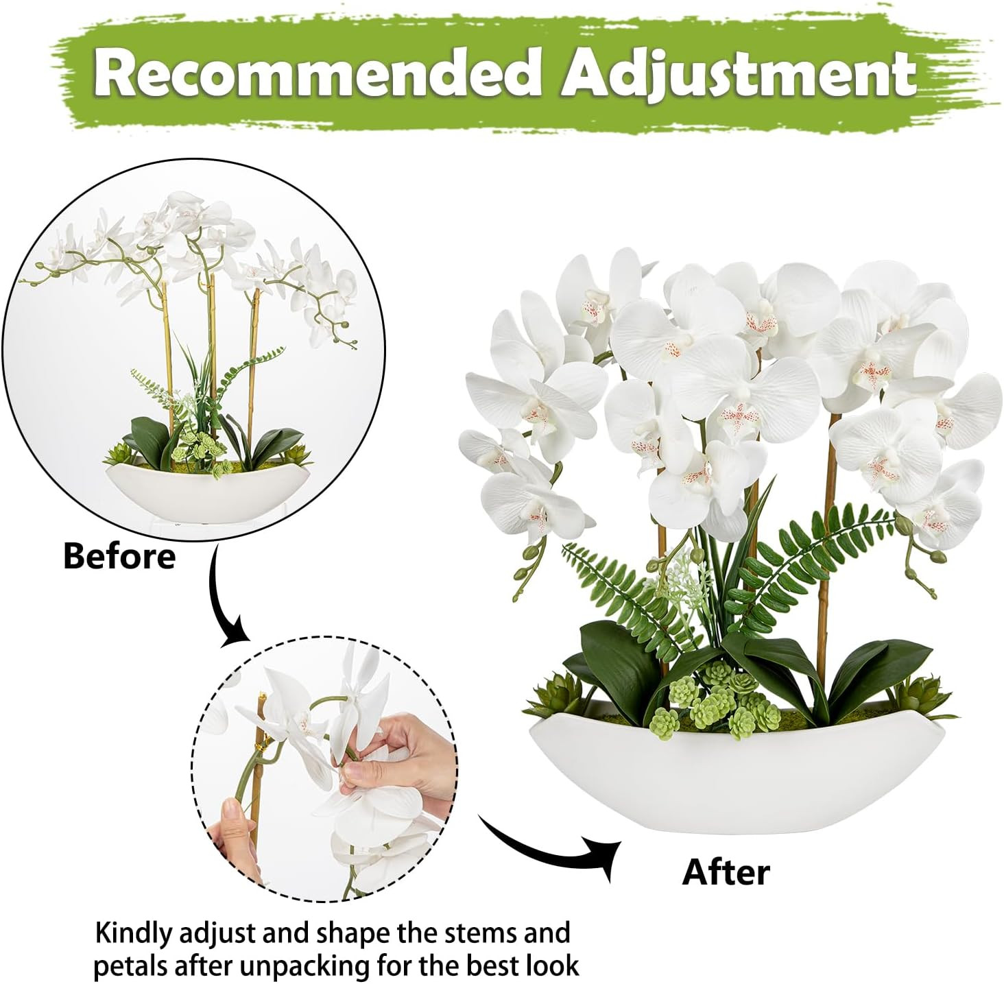 18In White Silk Orchid Arrangement in Ceramic Pot for Home Office Decor
