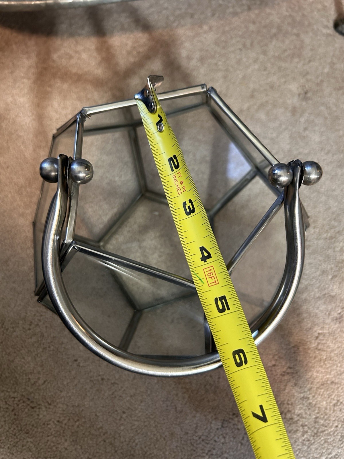 Geometric Glass Terrarium Basket with Metal Handle Pentagonal Display Holder 7”