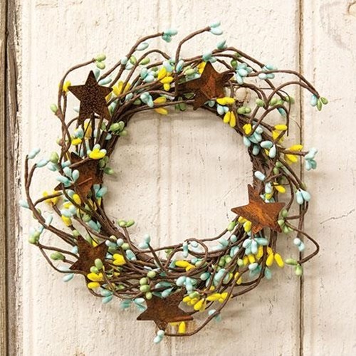 Pip Berry Wreath Candle Ring Rusty Stars Yellow Green Blue Summer Spring
