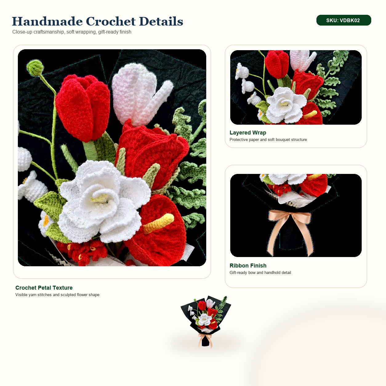 Handmade Crochet Rose Bouquet Red Black White Yarn Flowers Gift for Her