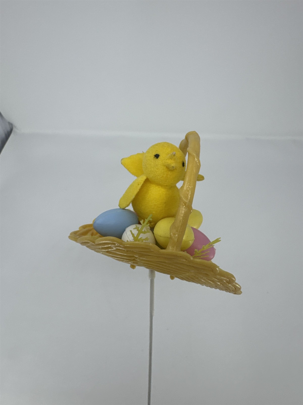Vtg Easter Basket Chick Floral Pick Flocked Yellow Bird Plastic Eggs Spray 12″