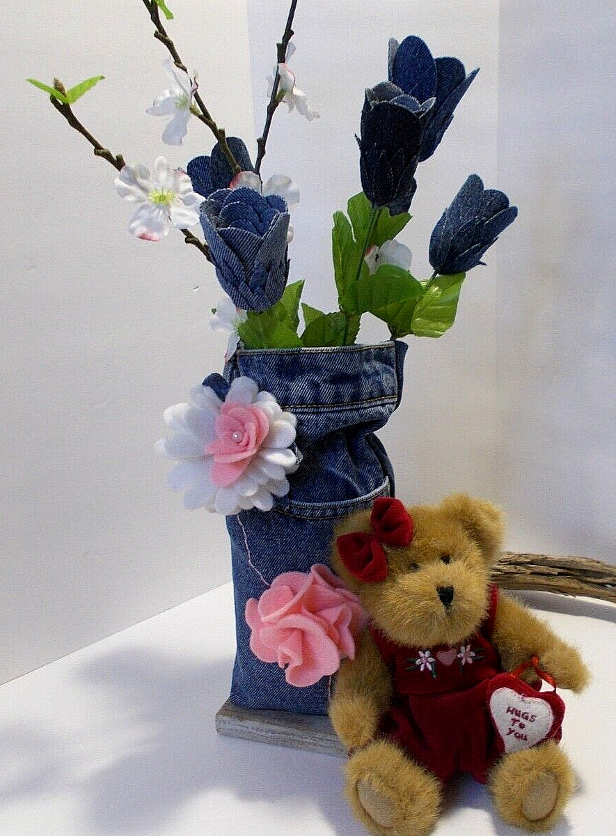 Denim Roses & Flowers in Recycled Denim Jeans Vase and Sm Valentines Hugs Bear