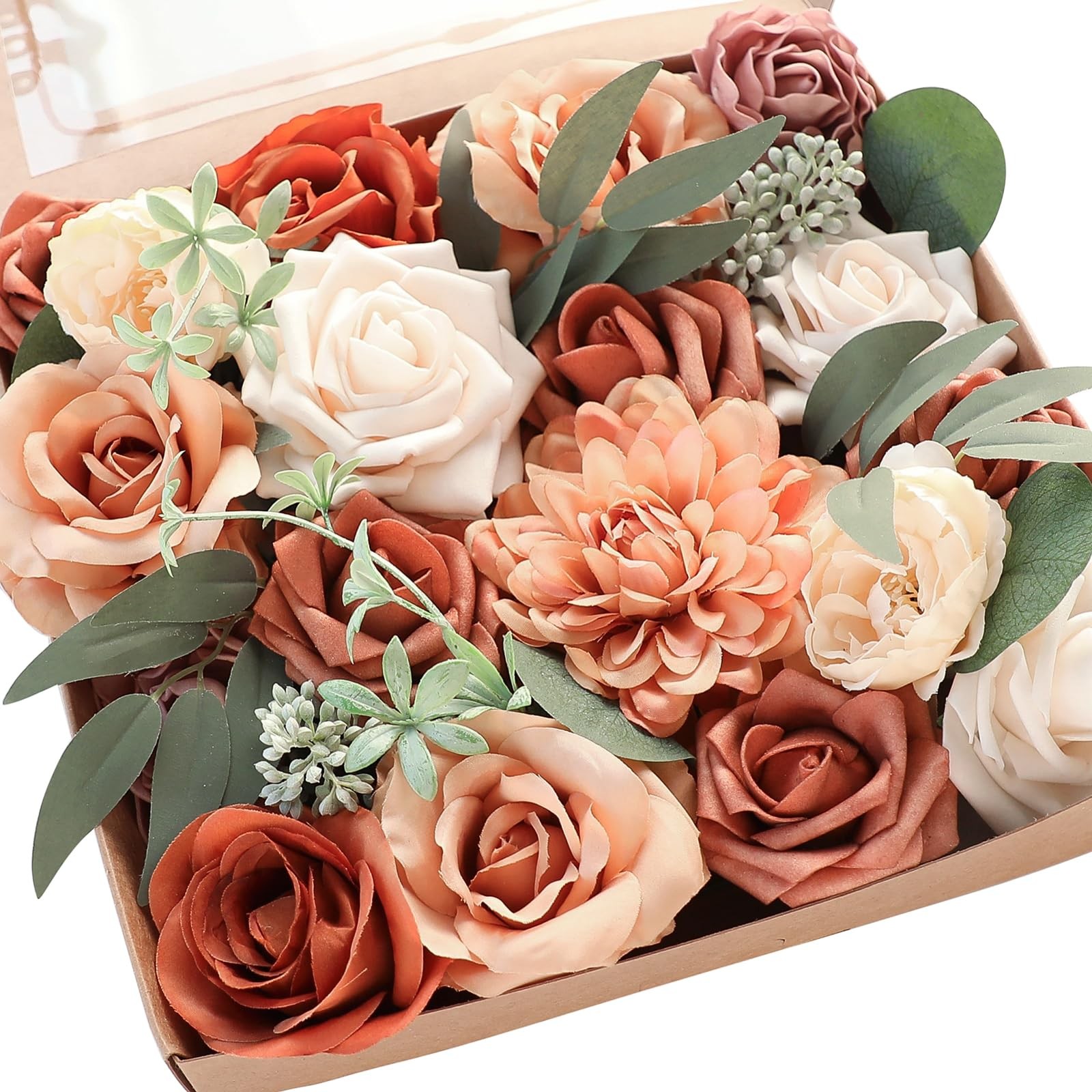 Terracotta Artificial Flowers Burnt Orange Fake Roses Peonies Dahlia Greenery…