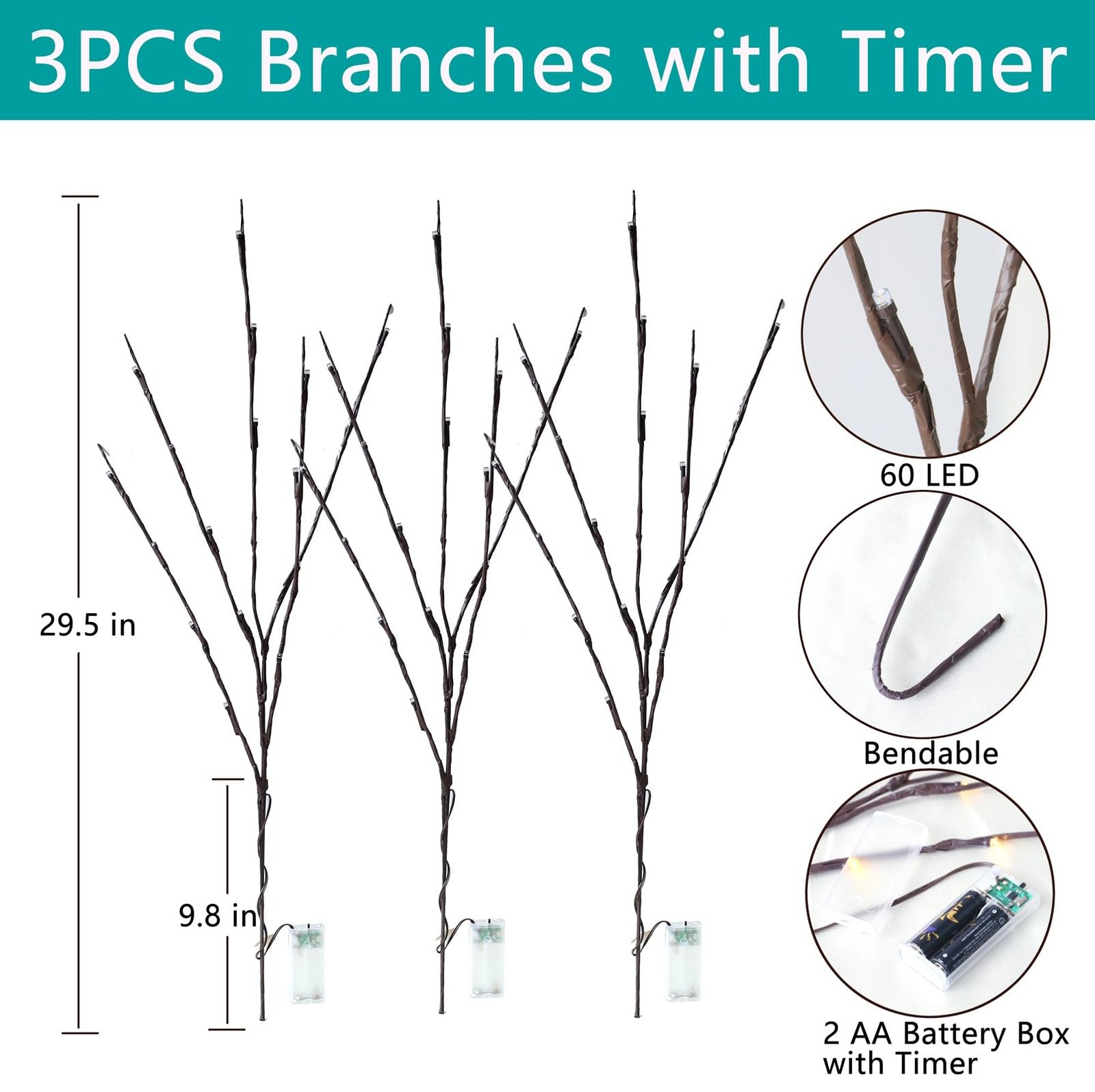 3 PCS 30 Inch 60 LED Orange Lighted Willow Branches Fairy Lights Home Party