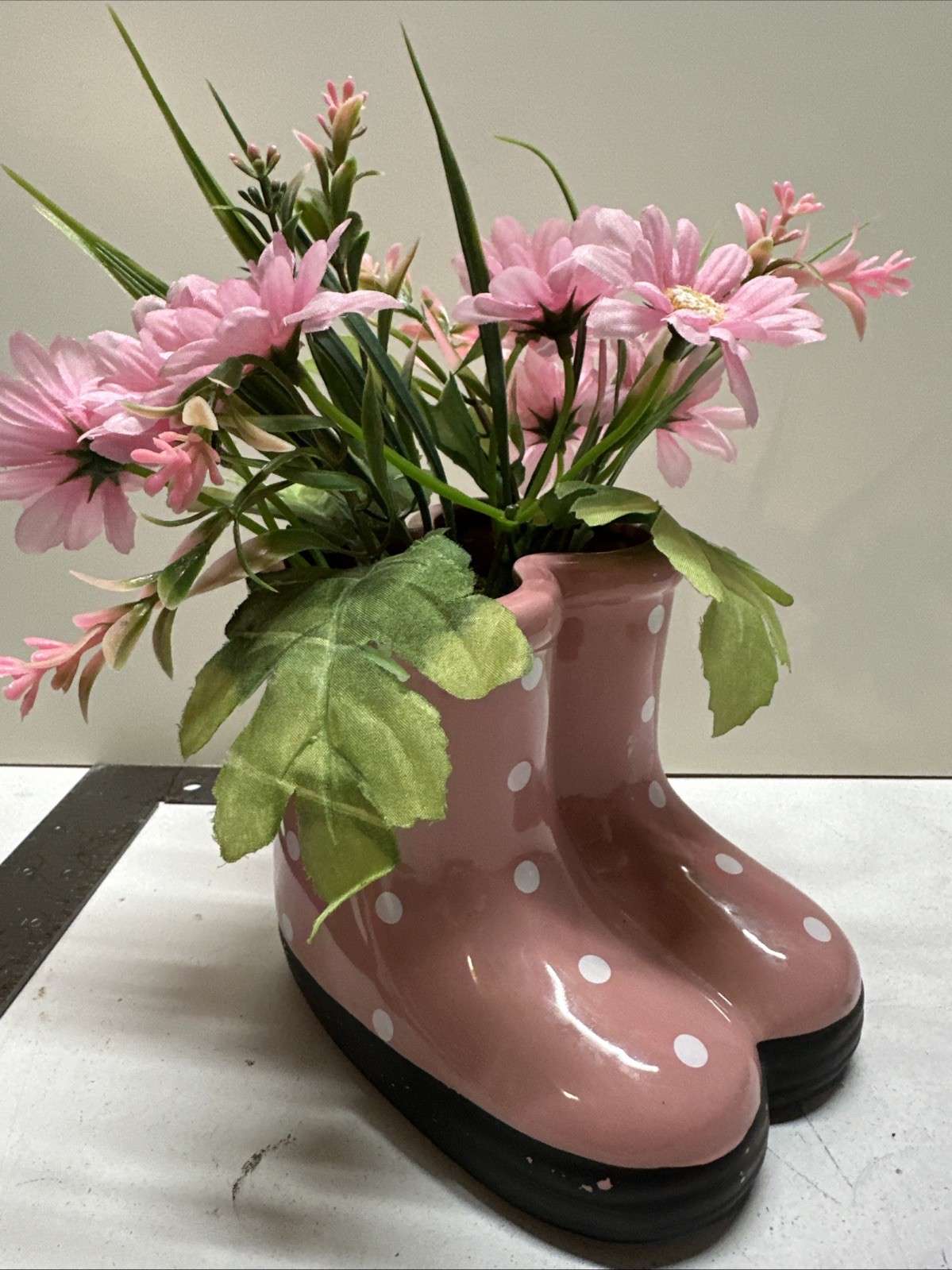 Ceramic Rain Boots In Pink Polk A Dot With Spring Flowers Decor For Springtime
