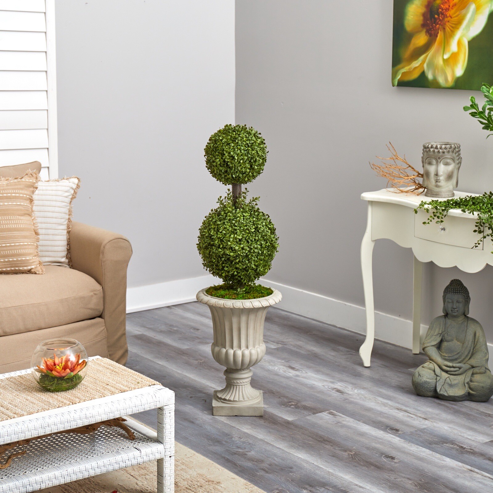 4’ Double Boxwood Topiary Artificial Tree in Urn UV Indoor/Outdoor. Retail $307