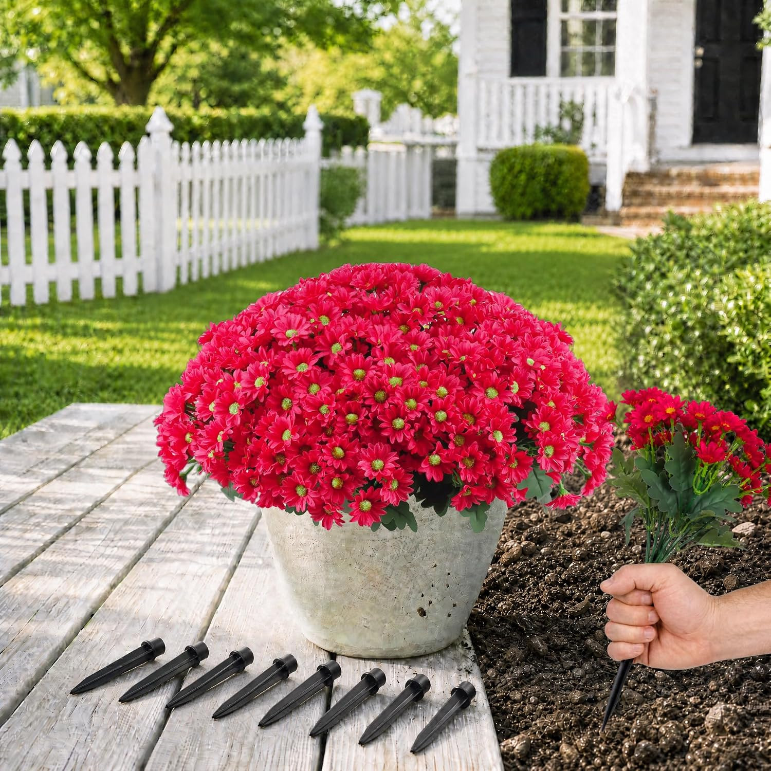 Vibrant Hot Pink Artificial Daisy Flowers with Ground Spikes for Outdoors – 8 Bu