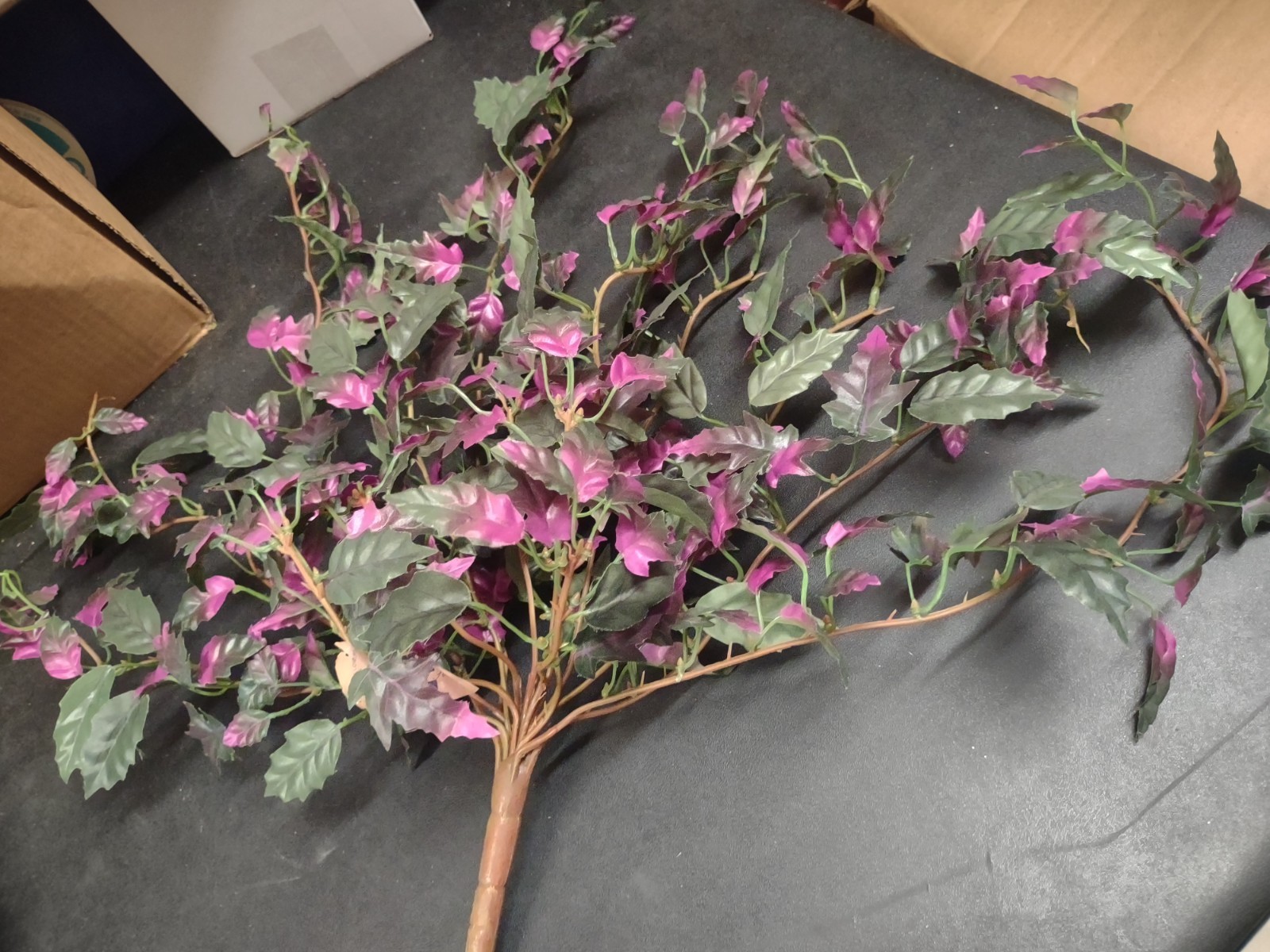 18″ Hanging Ivy Bush w/15 Wired Wood-Brown Branches, Purple & Green Silk Leaves