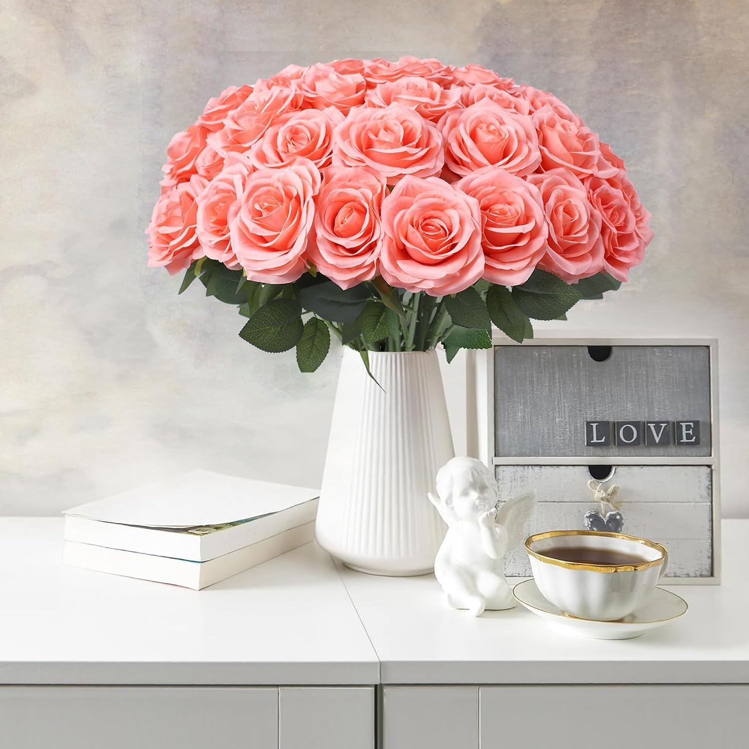 Realistic Coral Peach Roses – 50pcs Silk Flowers for Decor