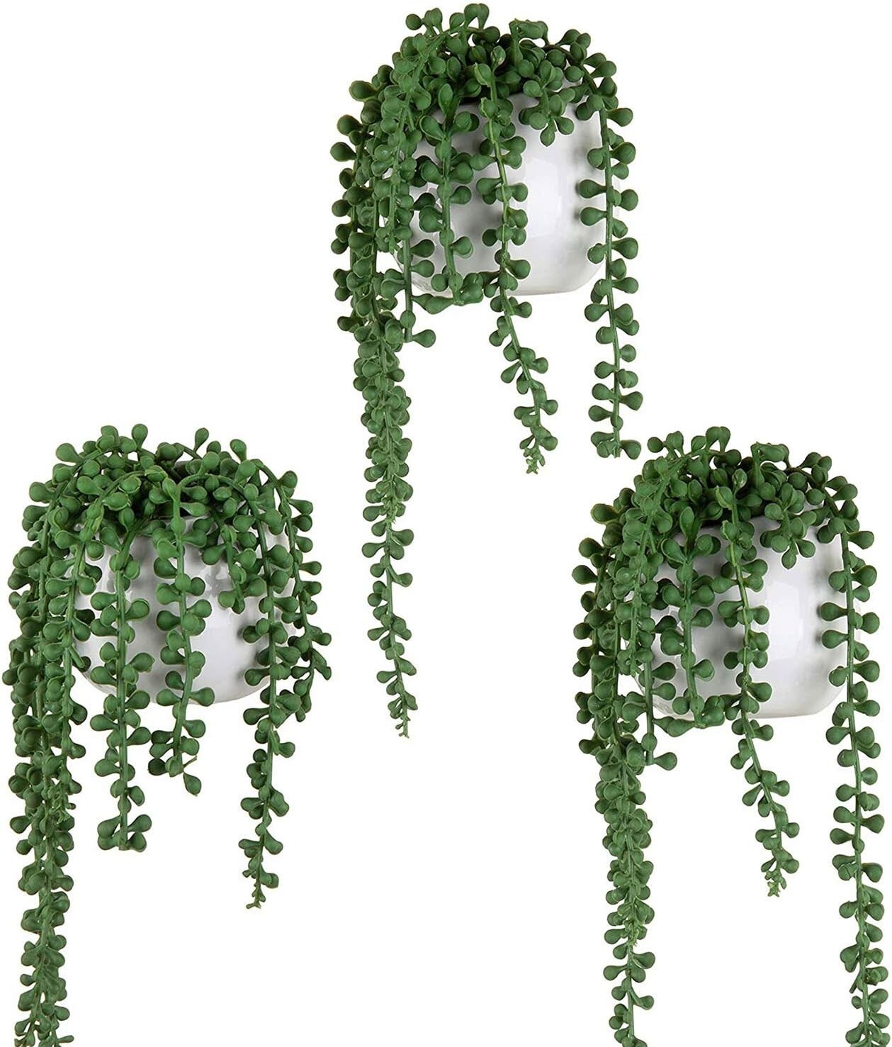 Set of 3 Artificial String of Pearls in White Ceramic Hanging Pots