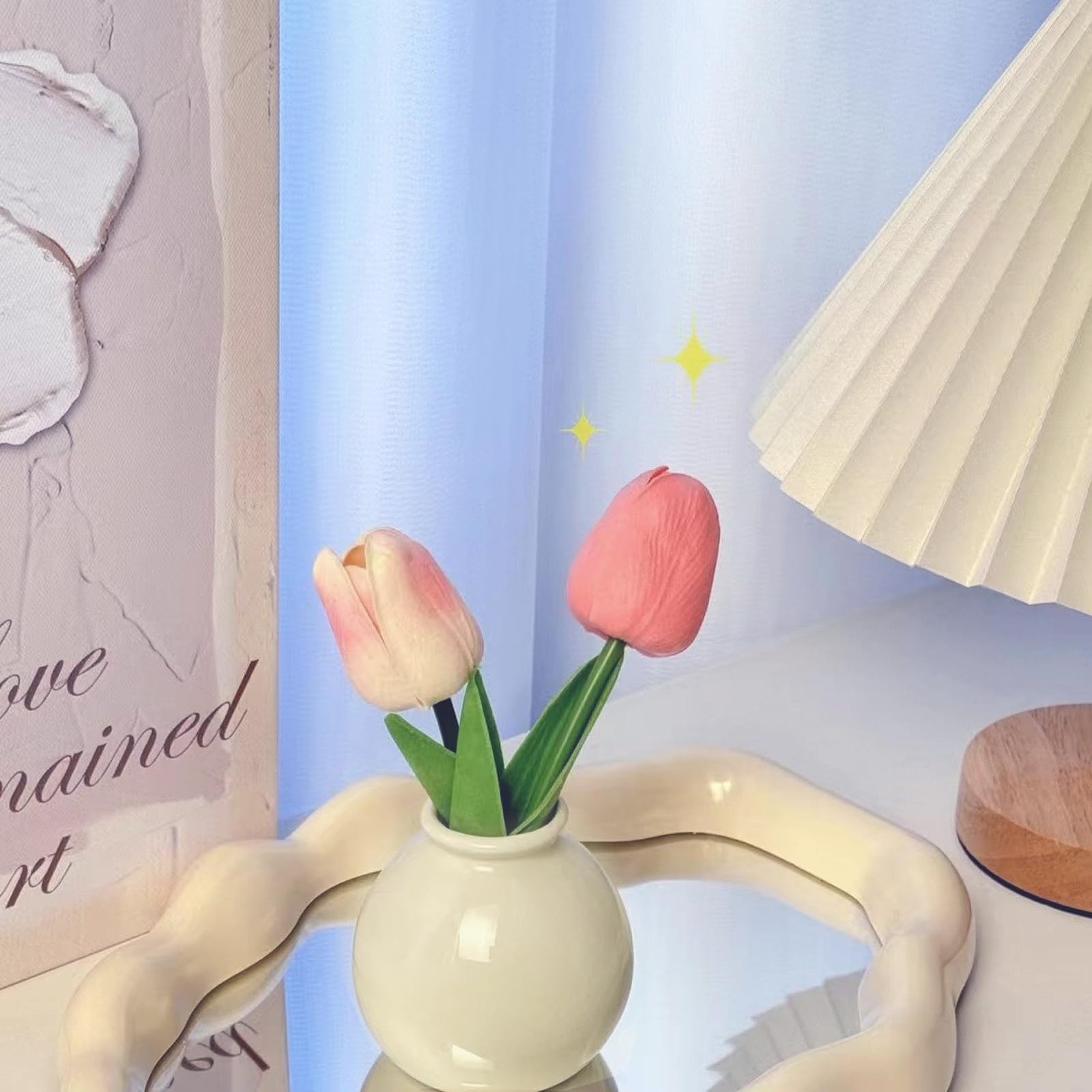Artificial Tulip Flowers,Table White Ceramic Vase Pink Green Leaf Dried Flowe…