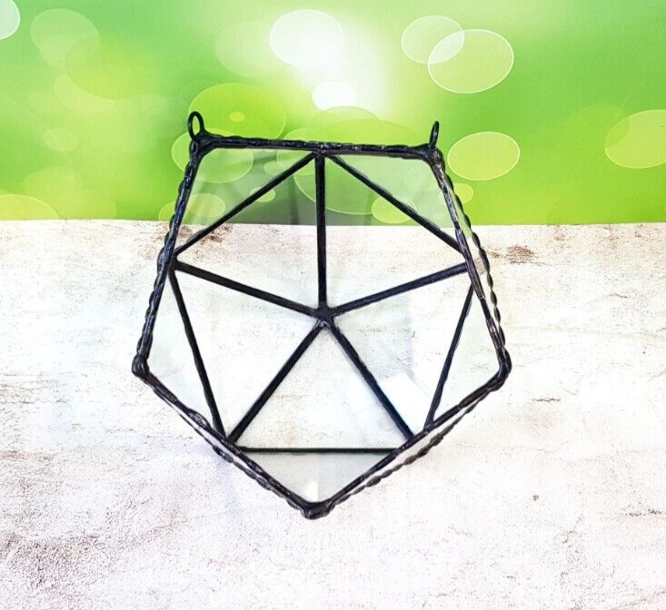 Stained Glass Terrarium Wall Hanging Black Frame Transparent, Planter For Indoor