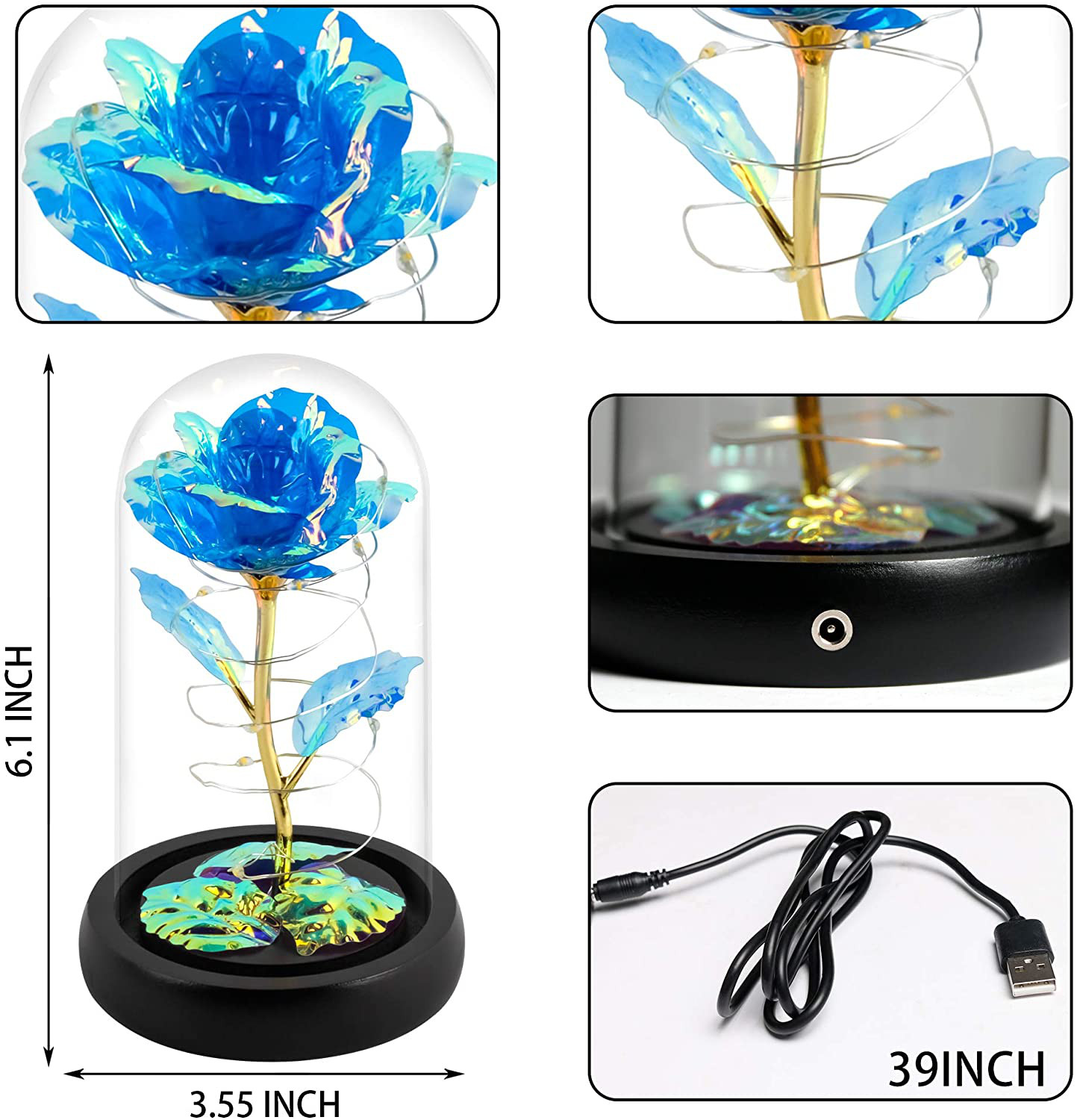 Blue Colorful Artificial Flower Rose Gift, Light up in Glass Dome, Women Gifts