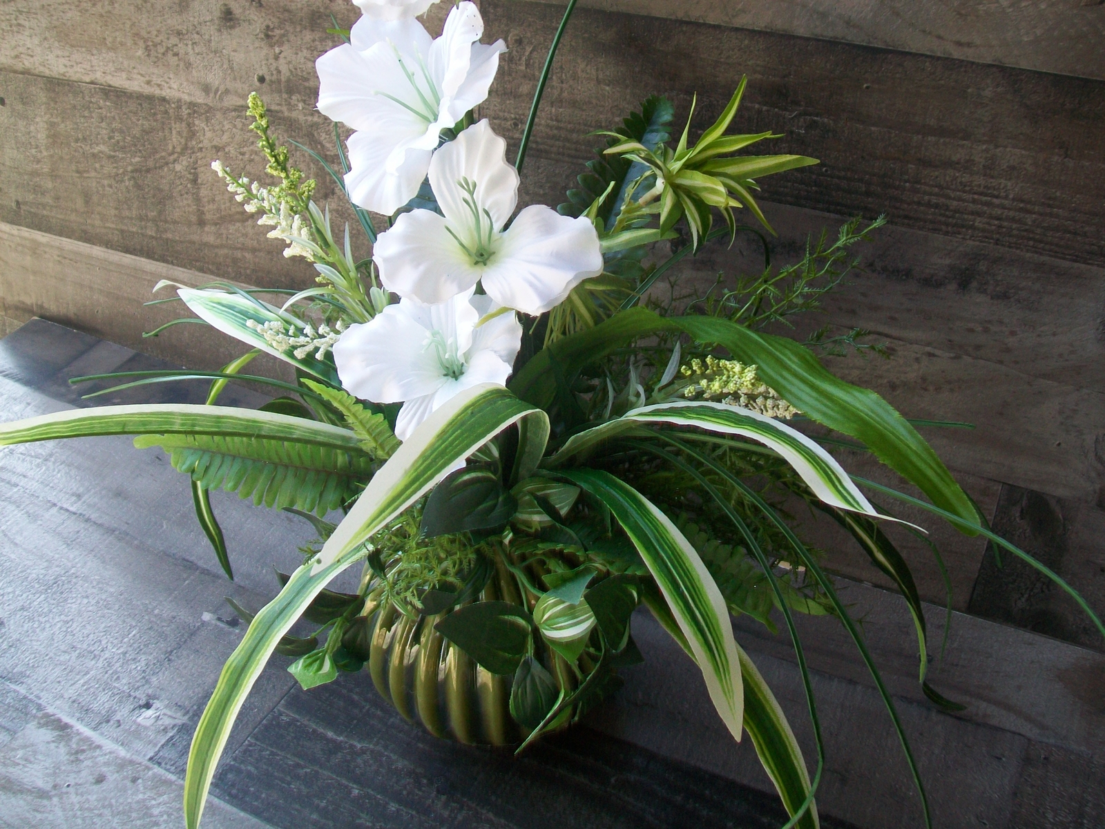 Green & White Spring All Occasion Floral Arrangement Centerpiece in Glass Vase